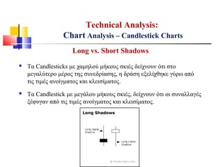 Long vs. Short Shadows
 Τα Candlesticks με χαμηλού μήκους σκιές δείχνουν ότι στο
μεγαλύτερο μέρος της συνεδρίασης, η δράση εξελίχθηκε γύρω από
τις τιμές ανοίγματος και κλεισίματος.
 Τα Candlestick με μεγάλου μήκους σκιές, δείχνουν ότι οι συναλλαγές
ξέφυγαν από τις τιμές ανοίγματος και κλεισίματος.
Technical Analysis:
Chart Analysis – Candlestick Charts
 