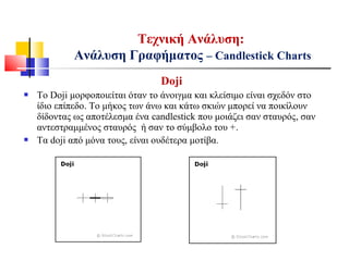 Doji
 Το Doji μορφοποιείται όταν το άνοιγμα και κλείσιμο είναι σχεδόν στο
ίδιο επίπεδο. Το μήκος των άνω και κάτω σκιών μπορεί να ποικίλουν
δίδοντας ως αποτέλεσμα ένα candlestick που μοιάζει σαν σταυρός, σαν
αντεστραμμένος σταυρός ή σαν το σύμβολο του +.
 Τα doji από μόνα τους, είναι ουδέτερα μοτίβα.
Τεχνική Ανάλυση:
Ανάλυση Γραφήματος – Candlestick Charts
 