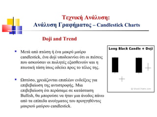 Τεχνική Ανάλυση:
Ανάλυση Γραφήματος – Candlestick Charts
Doji and Trend
 Μετά από πτώση ή ένα μακρύ μαύρο
candlestick, ένα doji υποδεικνύει ότι οι πιέσεις
που ασκούσαν οι πωλητές εξασθενούν και η
πτωτική τάση ίσως οδεύει προς το τέλος της.
 Ωστόσο, χρειάζονται επιπλέον ενδείξεις για
επιβεβαίωση της αντιστροφής. Μια
επιβεβαίωση ότι περάσαμε σε κατάσταση
Bullish, θα μπορούσε να ήταν μια άνοδος πάνω
από τα επίπεδα ανοίγματος του προηγηθέντος
μακριού μαύρου candlestick.
 