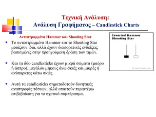 Αντεστραμμένα Hammer και Shooting Star
 Το αντεστραμμένο Hammer και το Shooting Star
μοιάζουν ίδια, αλλά έχουν διαφορετικές ενδείξεις
βασισμένες στην προηγούμενη δράση των τιμών.
 Και τα δύο candlesticks έχουν μικρά σώματα (μαύρο
ή άσπρο), μεγάλου μήκους άνω σκιές και μικρές ή
ανύπαρκτες κάτω σκιές.
 Αυτά τα candlesticks σηματοδοτούν δυνητικές
αναστροφές τάσεων, αλλά απαιτούν περαιτέρω
επιβεβαίωση για το σχετικό συμπέρασμα.
Τεχνική Ανάλυση:
Ανάλυση Γραφήματος – Candlestick Charts
 