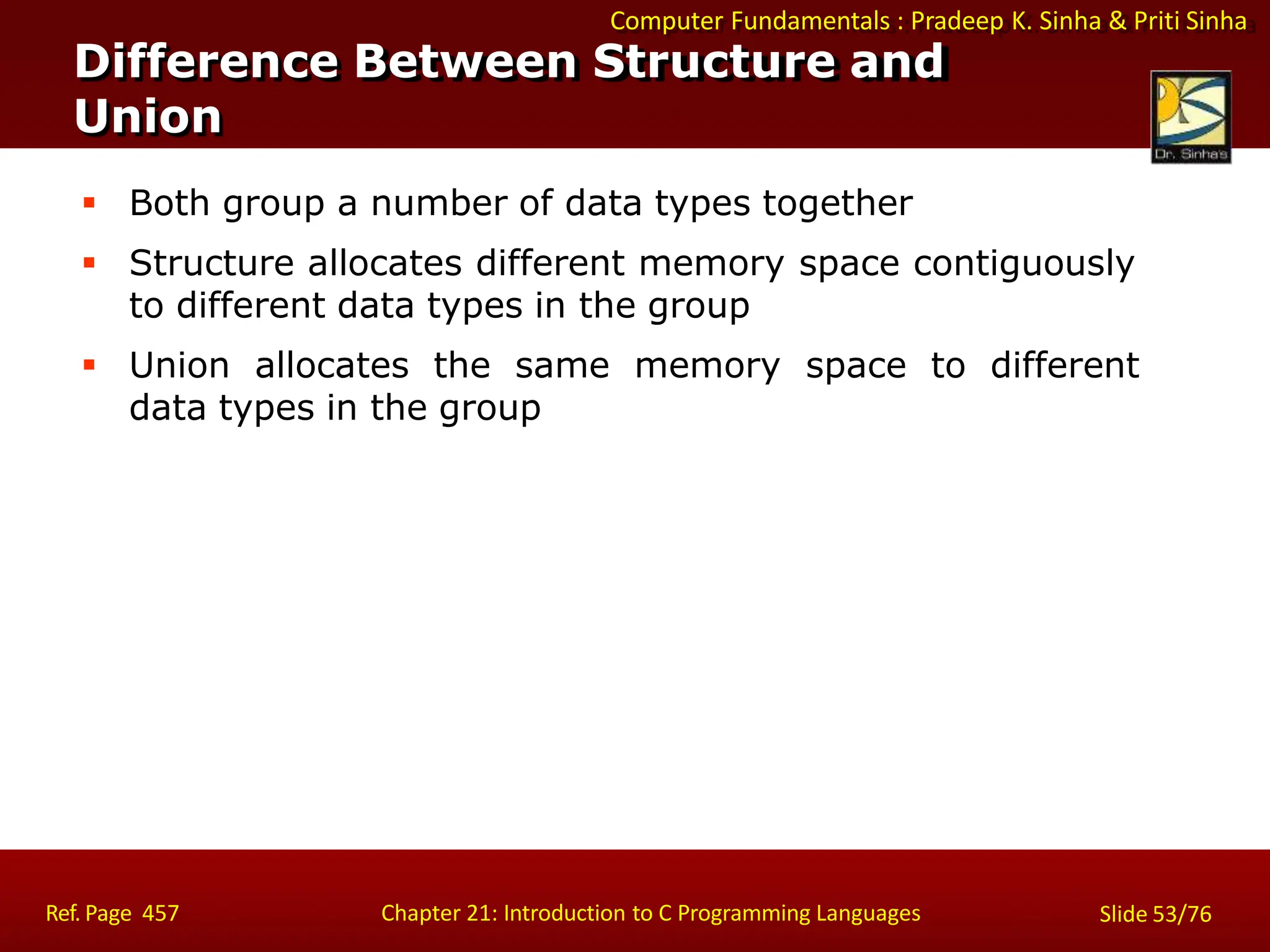 Computer Fundamentals : Pradeep K. Sinha & Priti Sinha
Difference Between Structure and
Union
Ref. Page 457 Chapter 21: Introduction to C Programming Languages Slide 53/76
 Both group a number of data types together
 Structure allocates different memory space contiguously
to different data types in the group
 Union allocates the same memory space to different
data types in the group
 