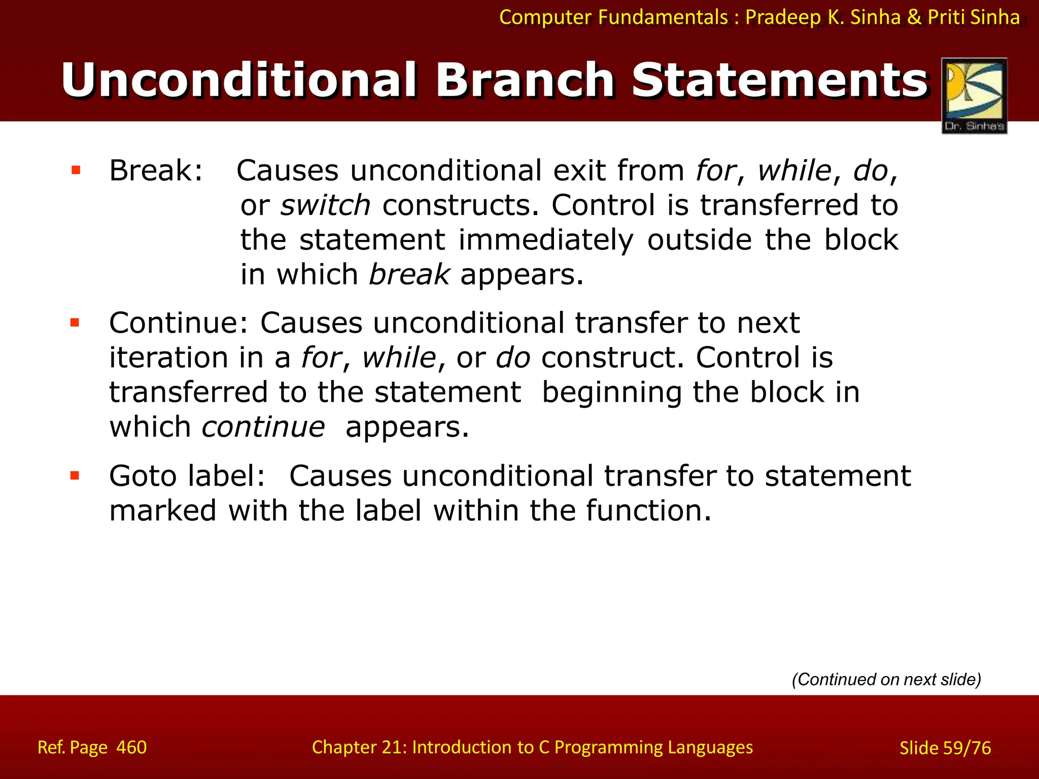 Computer Fundamentals : Pradeep K. Sinha & Priti Sinha
Unconditional Branch Statements
Ref. Page 460 Chapter 21: Introduction to C Programming Languages Slide 59/76
 Break: Causes unconditional exit from for, while, do,
or switch constructs. Control is transferred to
the statement immediately outside the block
in which break appears.
 Continue: Causes unconditional transfer to next
iteration in a for, while, or do construct. Control is
transferred to the statement beginning the block in
which continue appears.
 Goto label: Causes unconditional transfer to statement
marked with the label within the function.
(Continued on next slide)
 