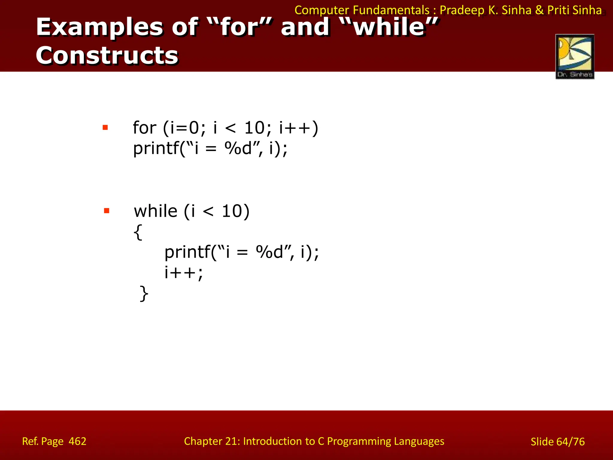 Computer Fundamentals : Pradeep K. Sinha & Priti Sinha
Examples of “for” and “while”
Constructs
Ref. Page 462 Chapter 21: Introduction to C Programming Languages Slide 64/76
 for (i=0; i < 10; i++)
printf(“i = %d”, i);
 while (i < 10)
{
printf(“i = %d”, i);
i++;
}
 