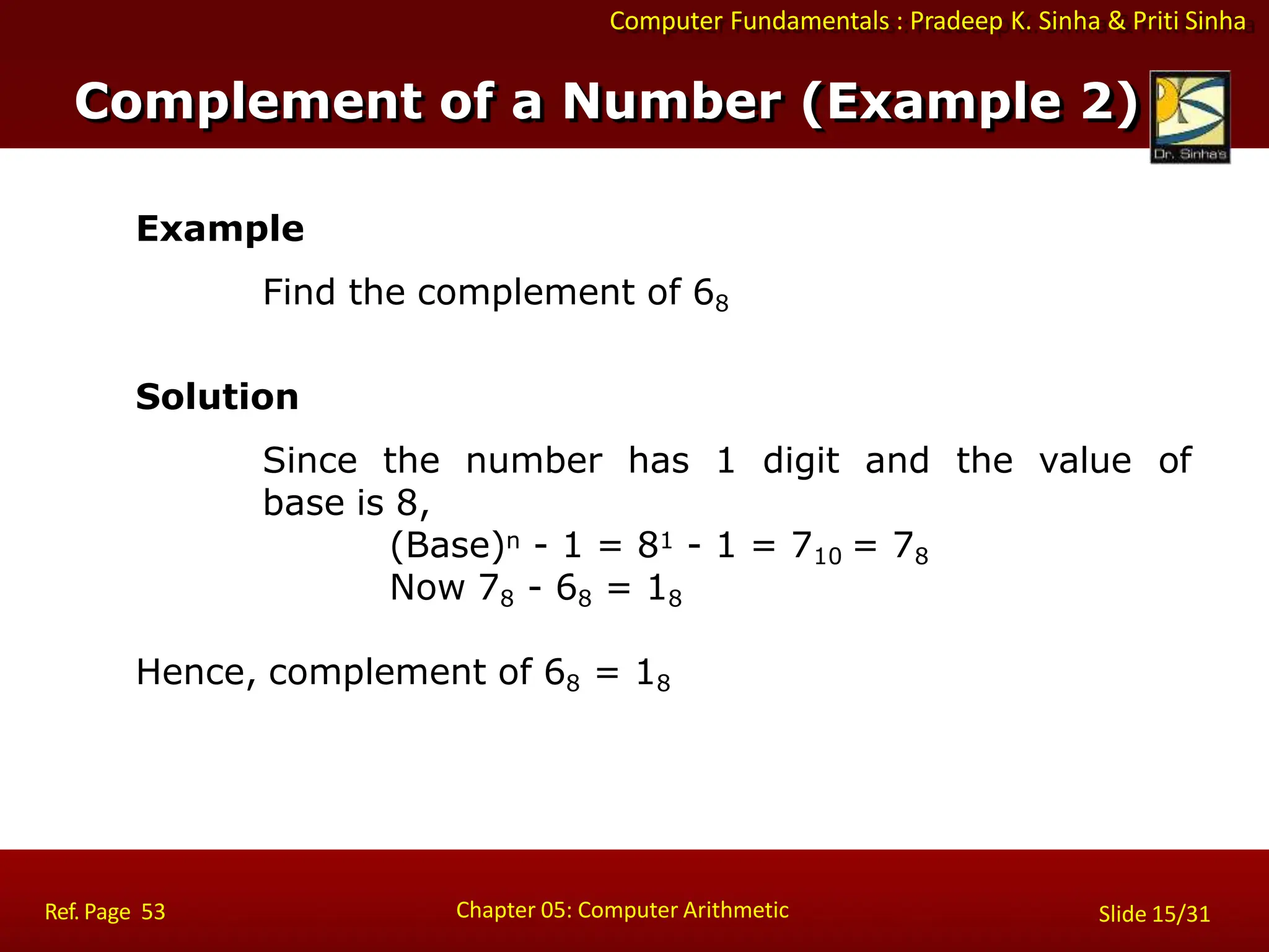Computer Fundamentals : Pradeep K. Sinha & Priti Sinha
Example
Find the complement of 68
Solution
Since the number has 1 digit and the value of
base is 8,
(Base)n - 1 = 81 - 1 = 710 = 78
Now 78 - 68 = 18
Hence, complement of 68 = 18
Chapter 05: Computer Arithmetic
Ref. Page 53 Slide 15/31
Complement of a Number (Example 2)
 