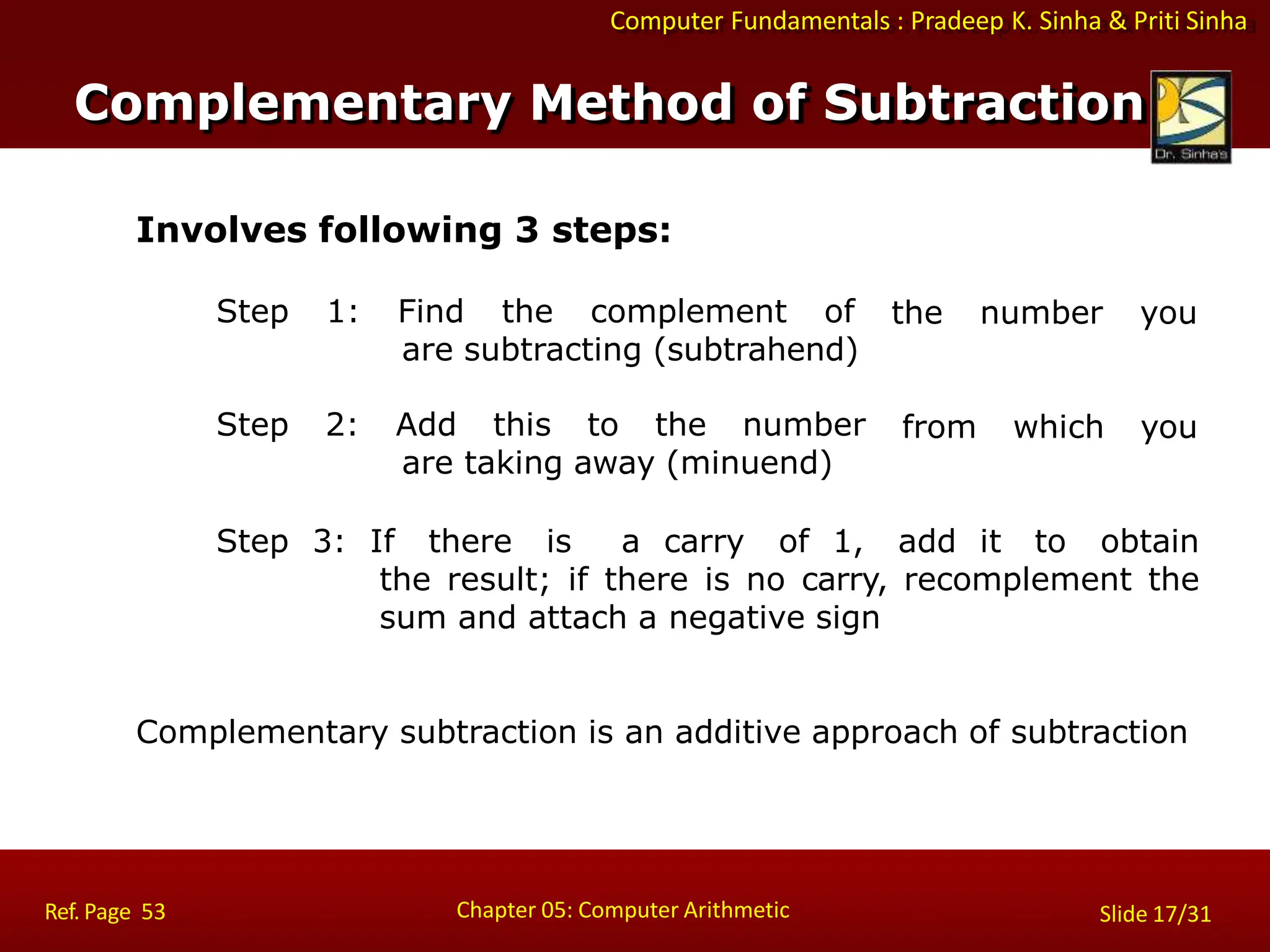 Computer Fundamentals : Pradeep K. Sinha & Priti Sinha
Involves following 3 steps:
Step 1: Find the complement of
are subtracting (subtrahend)
Step 2: Add this to the number
are taking away (minuend)
Chapter 05: Computer Arithmetic
Ref. Page 53 Slide 17/31
the number you
from which you
Step 3: If there is a carry of 1, add it to obtain
the result; if there is no carry, recomplement the
sum and attach a negative sign
Complementary subtraction is an additive approach of subtraction
Complementary Method of Subtraction
 