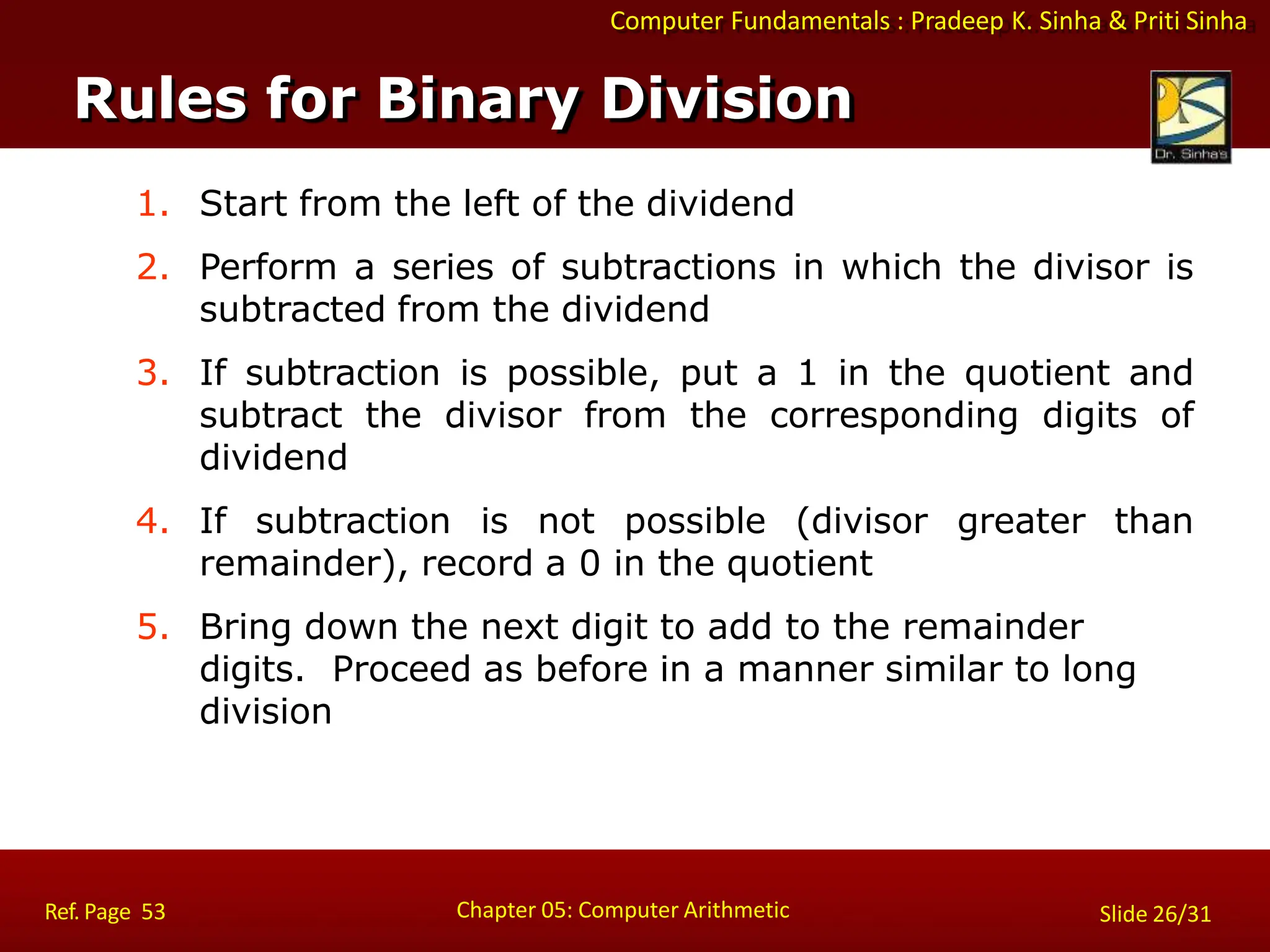 Computer Fundamentals : Pradeep K. Sinha & Priti Sinha
1. Start from the left of the dividend
2. Perform a series of subtractions in which the divisor is
subtracted from the dividend
3. If subtraction is possible, put a 1 in the quotient and
subtract the divisor from the corresponding digits of
dividend
4. If subtraction is not possible (divisor greater than
remainder), record a 0 in the quotient
5. Bring down the next digit to add to the remainder
digits. Proceed as before in a manner similar to long
division
Rules for Binary Division
Chapter 05: Computer Arithmetic
Ref. Page 53 Slide 26/31
 
