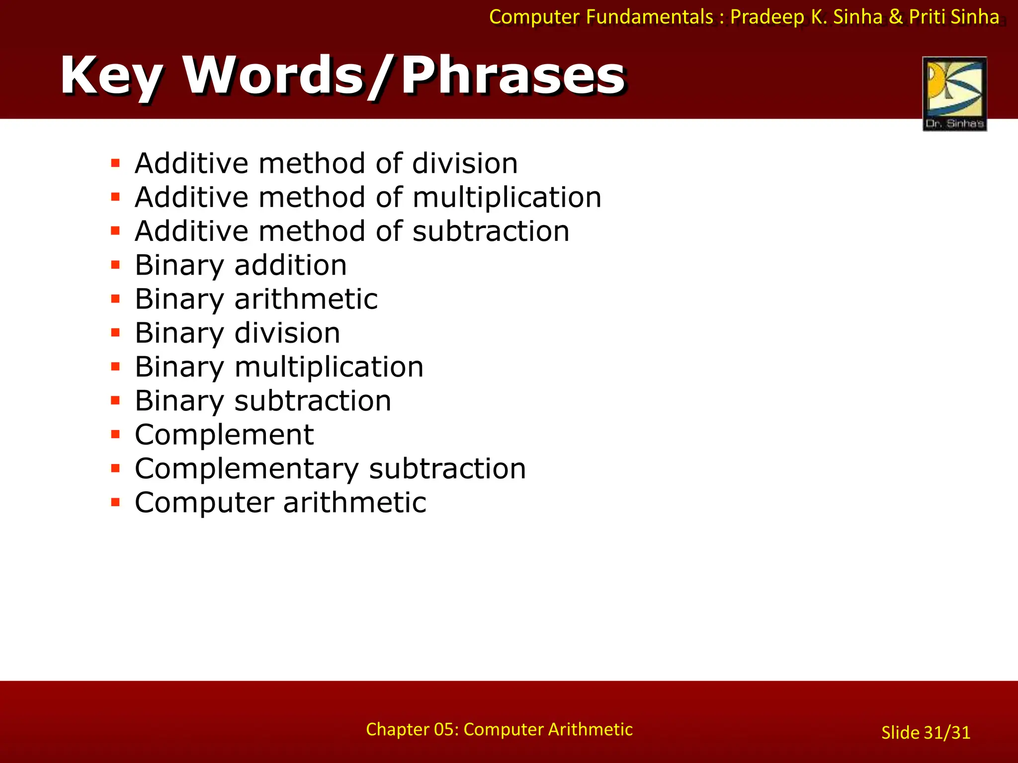Computer Fundamentals : Pradeep K. Sinha & Priti Sinha
Slide 31/31
Chapter 05: Computer Arithmetic
 Additive method of division
 Additive method of multiplication
 Additive method of subtraction
 Binary addition
 Binary arithmetic
 Binary division
 Binary multiplication
 Binary subtraction
 Complement
 Complementary subtraction
 Computer arithmetic
Key Words/Phrases
 