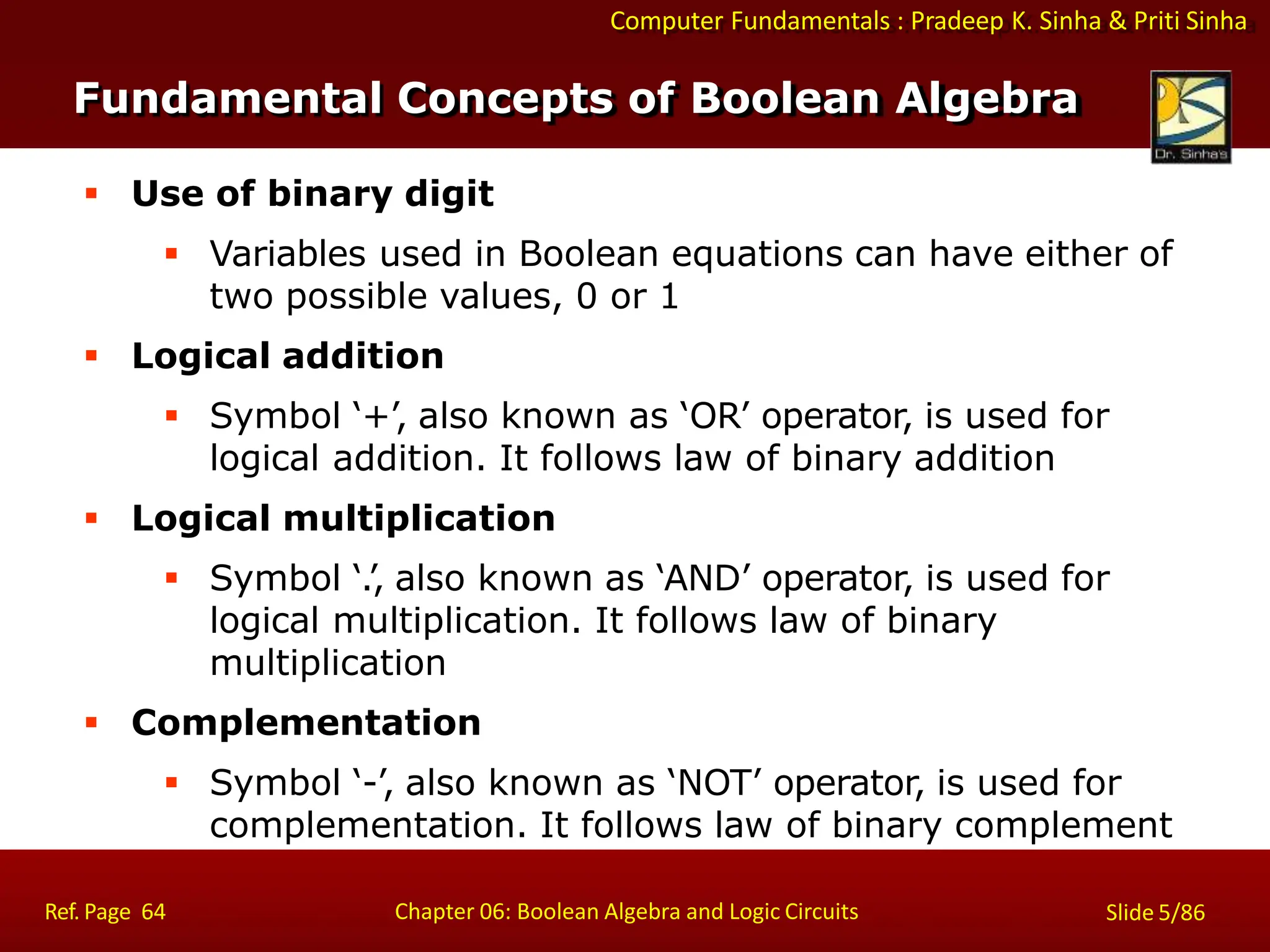 Computer Fundamentals : Pradeep K. Sinha & Priti Sinha
Fundamental Concepts of Boolean Algebra
Ref. Page 64 Chapter 06: Boolean Algebra and Logic Circuits Slide 5/86
 Use of binary digit
 Variables used in Boolean equations can have either of
two possible values, 0 or 1
 Logical addition
 Symbol ‘+’, also known as ‘OR’ operator, is used for
logical addition. It follows law of binary addition
 Logical multiplication
 Symbol ‘.’, also known as ‘AND’ operator, is used for
logical multiplication. It follows law of binary
multiplication
 Complementation
 Symbol ‘-’, also known as ‘NOT’ operator, is used for
complementation. It follows law of binary complement
 