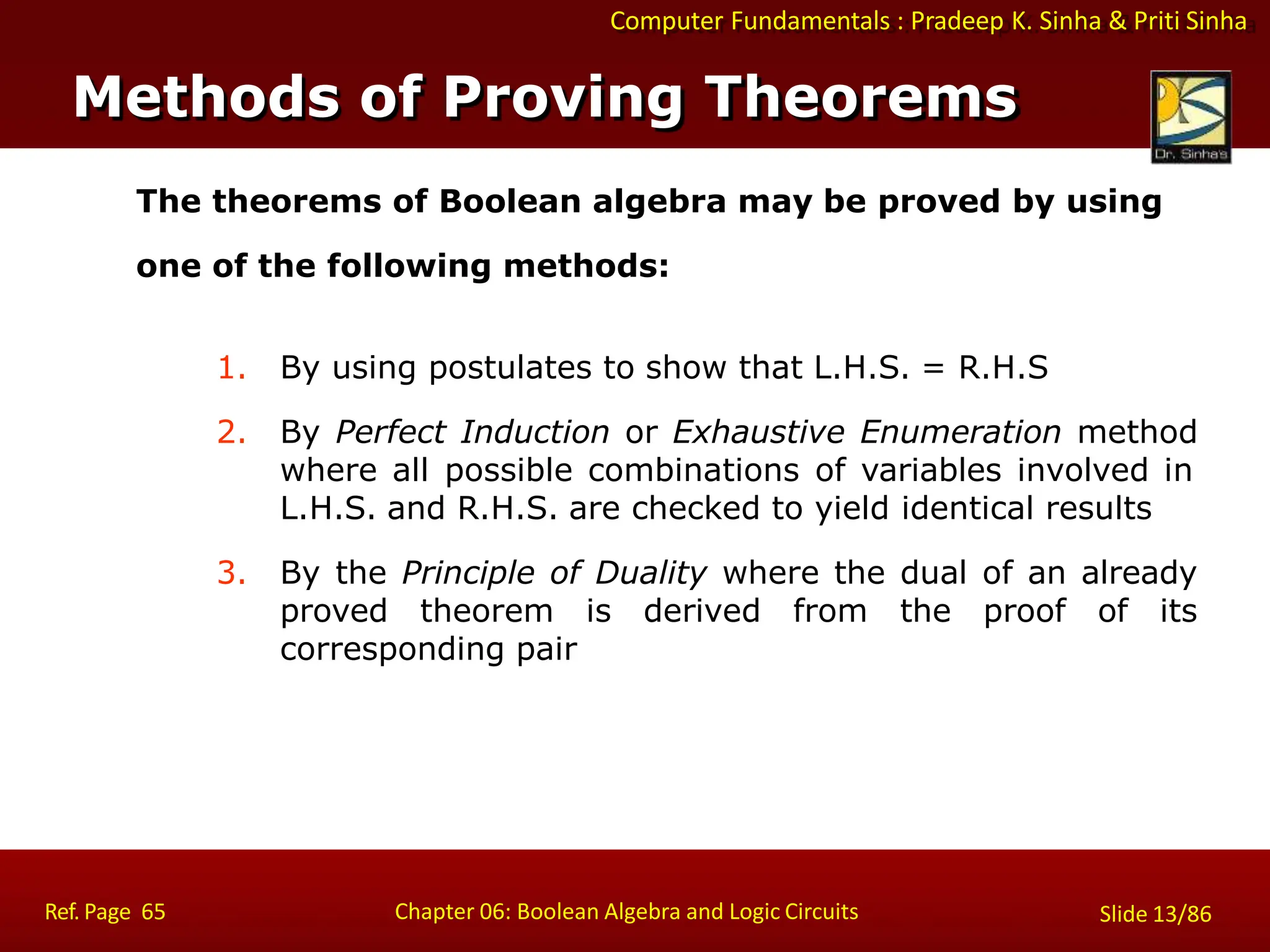 Computer Fundamentals : Pradeep K. Sinha & Priti Sinha
The theorems of Boolean algebra may be proved by using
one of the following methods:
1. By using postulates to show that L.H.S. = R.H.S
2. By Perfect Induction or Exhaustive Enumeration method
where all possible combinations of variables involved in
L.H.S. and R.H.S. are checked to yield identical results
3. By the Principle of Duality where the dual of an already
proved theorem is derived from the proof of its
corresponding pair
Methods of Proving Theorems
Ref. Page 65 Chapter 06: Boolean Algebra and Logic Circuits Slide 13/86
 