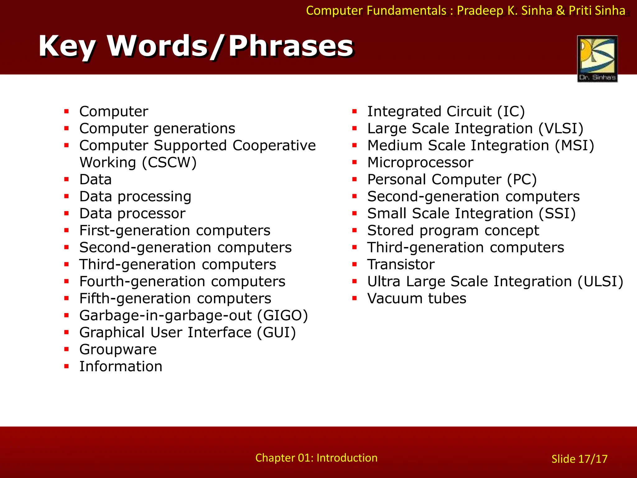 Computer Fundamentals : Pradeep K. Sinha & Priti Sinha
Key Words/Phrases
Chapter 01: Introduction Slide 17/17
 Computer
 Computer generations
 Computer Supported Cooperative
Working (CSCW)
 Data
 Data processing
 Data processor
 First-generation computers
 Second-generation computers
 Third-generation computers
 Fourth-generation computers
 Fifth-generation computers
 Garbage-in-garbage-out (GIGO)
 Graphical User Interface (GUI)
 Groupware
 Information
 Integrated Circuit (IC)
 Large Scale Integration (VLSI)
 Medium Scale Integration (MSI)
 Microprocessor
 Personal Computer (PC)
 Second-generation computers
 Small Scale Integration (SSI)
 Stored program concept
 Third-generation computers
 Transistor
 Ultra Large Scale Integration (ULSI)
 Vacuum tubes
 