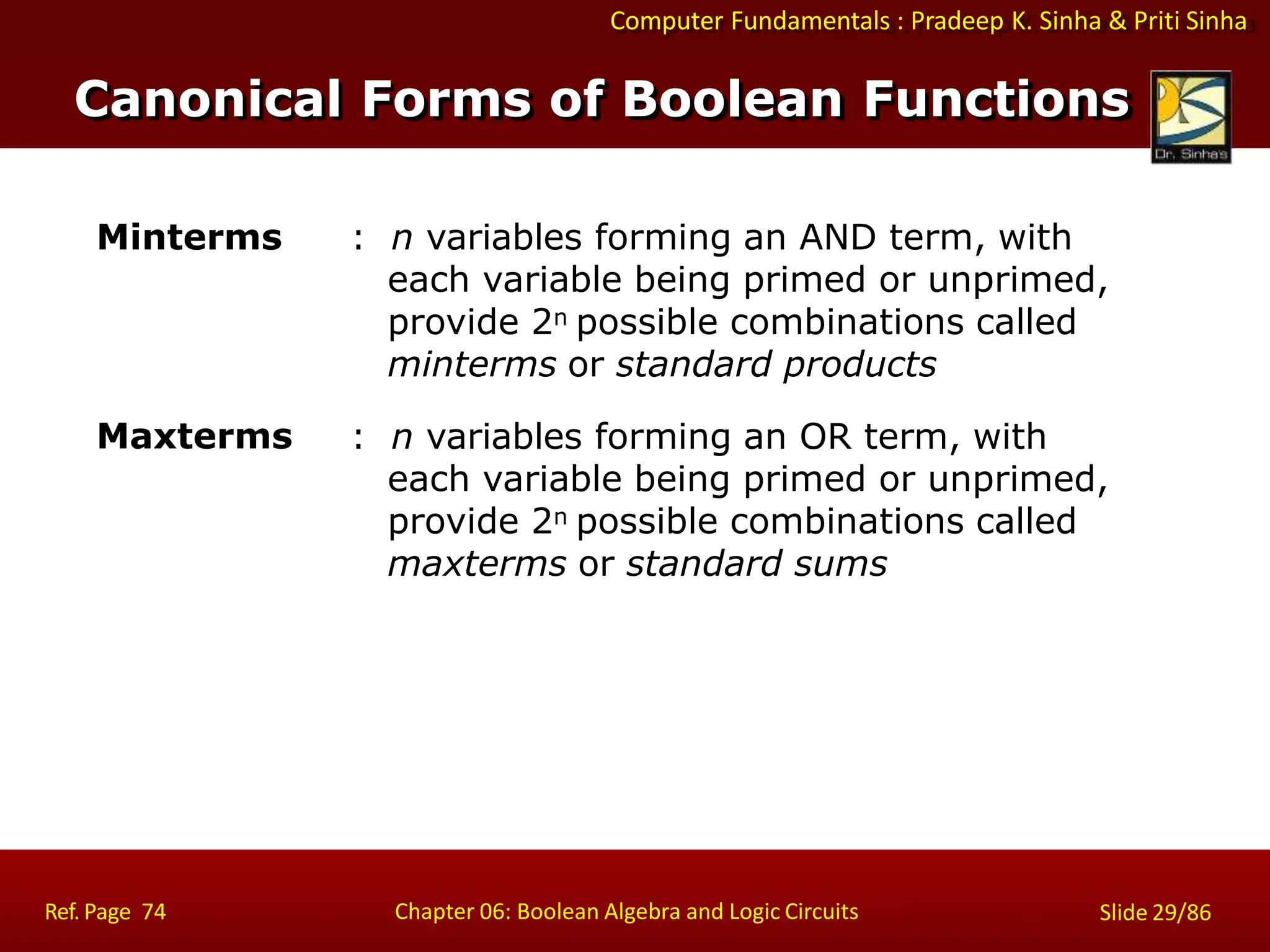 Computer Fundamentals : Pradeep K. Sinha & Priti Sinha
Minterms
Ref. Page 74 Chapter 06: Boolean Algebra and Logic Circuits Slide 29/86
: n variables forming an AND term, with
each variable being primed or unprimed,
provide 2n possible combinations called
minterms or standard products
: n variables forming an OR term, with
each variable being primed or unprimed,
provide 2n possible combinations called
maxterms or standard sums
Maxterms
Canonical Forms of Boolean Functions
 