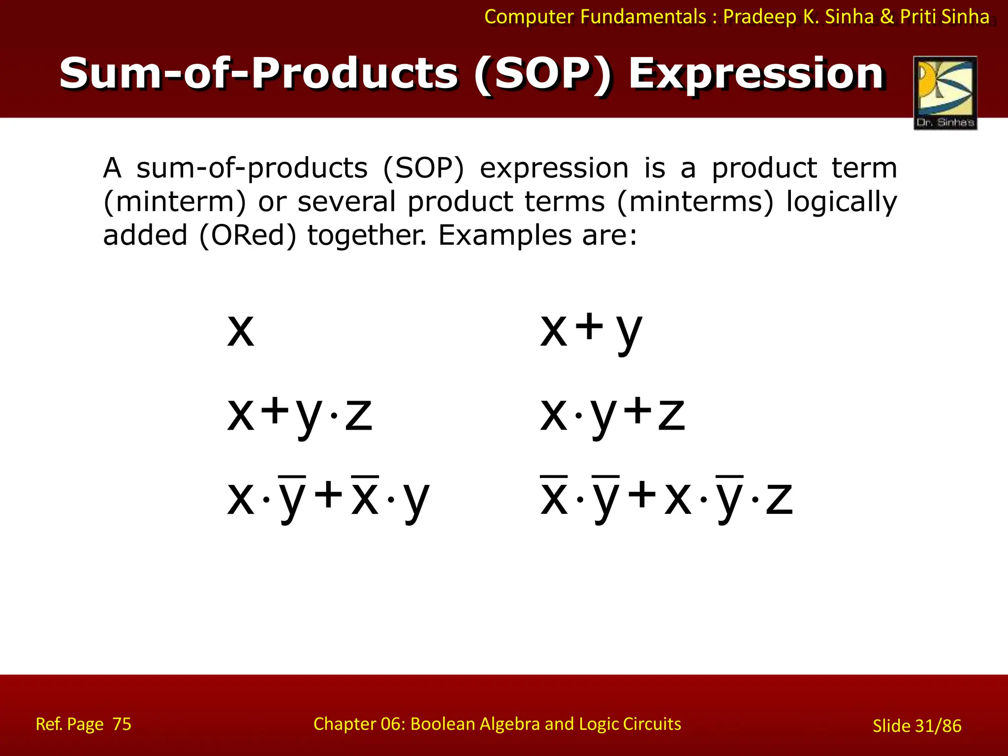 Computer Fundamentals : Pradeep K. Sinha & Priti Sinha
A sum-of-products (SOP) expression is a product term
(minterm) or several product terms (minterms) logically
added (ORed) together. Examples are:
x
x+yz
xy+xy
x+ y
xy+z
xy+xyz
Ref. Page 75 Chapter 06: Boolean Algebra and Logic Circuits Slide 31/86
Sum-of-Products (SOP) Expression
 