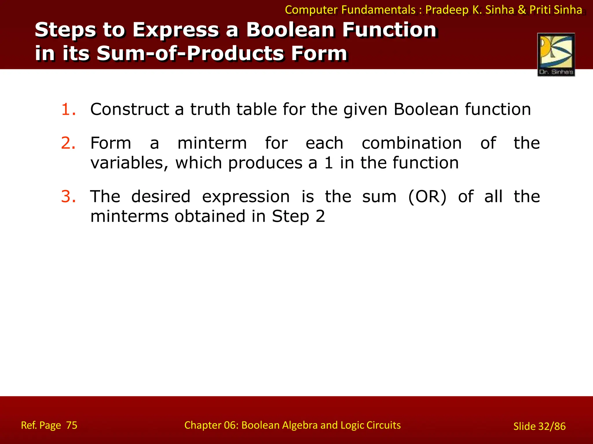 Computer Fundamentals : Pradeep K. Sinha & Priti Sinha
1. Construct a truth table for the given Boolean function
2. Form a minterm for each combination of the
variables, which produces a 1 in the function
3. The desired expression is the sum (OR) of all the
minterms obtained in Step 2
Steps to Express a Boolean Function
in its Sum-of-Products Form
Ref. Page 75 Chapter 06: Boolean Algebra and Logic Circuits Slide 32/86
 