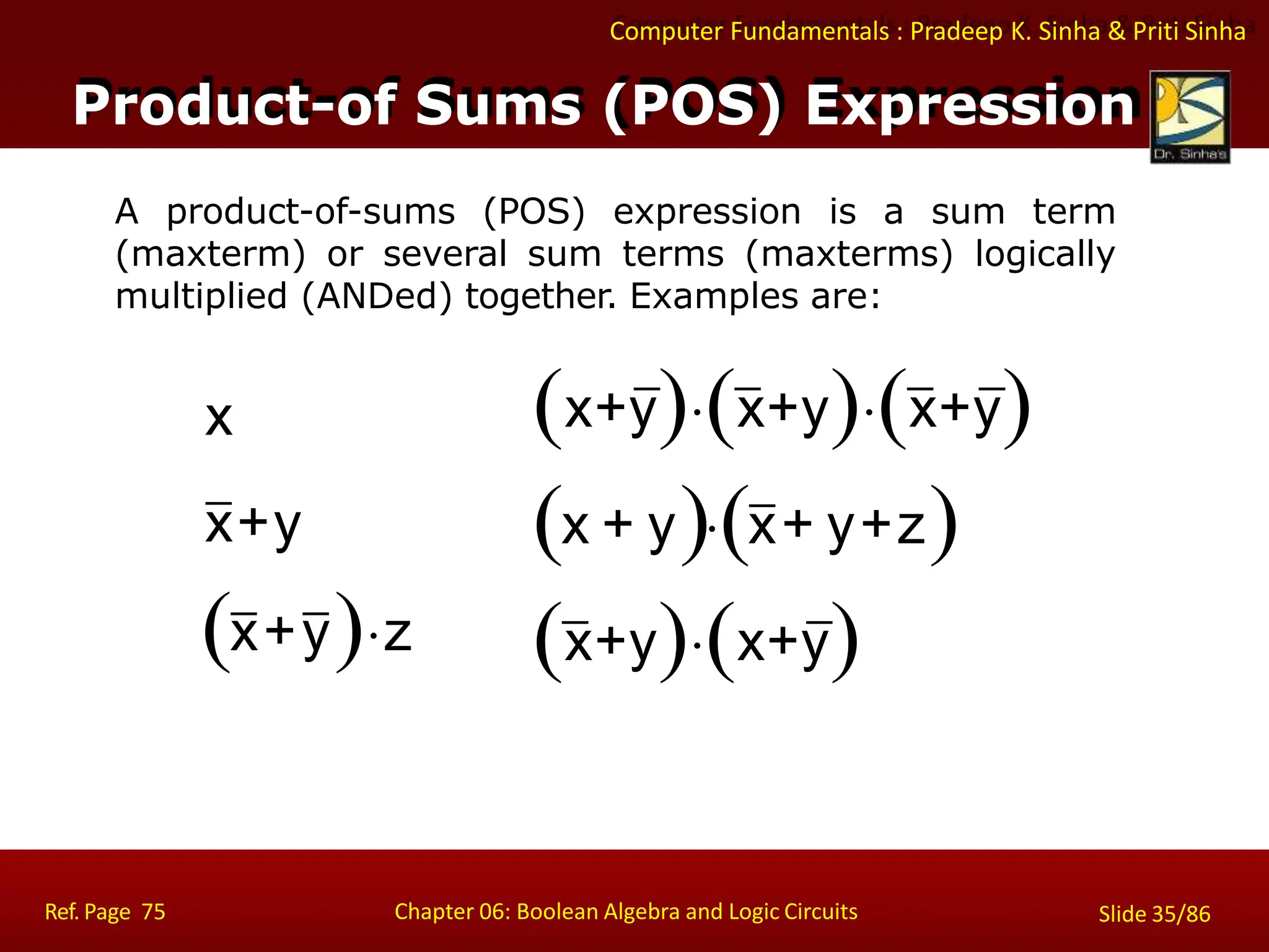 Computer Fundamentals : Pradeep K. Sinha & Priti Sinha
Product-of Sums (POS) Expression
A product-of-sums (POS) expression is a sum term
(maxterm) or several sum terms (maxterms) logically
multiplied (ANDed) together. Examples are:
x
x+y
x+yz
x+yx+yx+y
x + yx+ y+z
x+yx+y
Ref. Page 75 Chapter 06: Boolean Algebra and Logic Circuits Slide 35/86
 