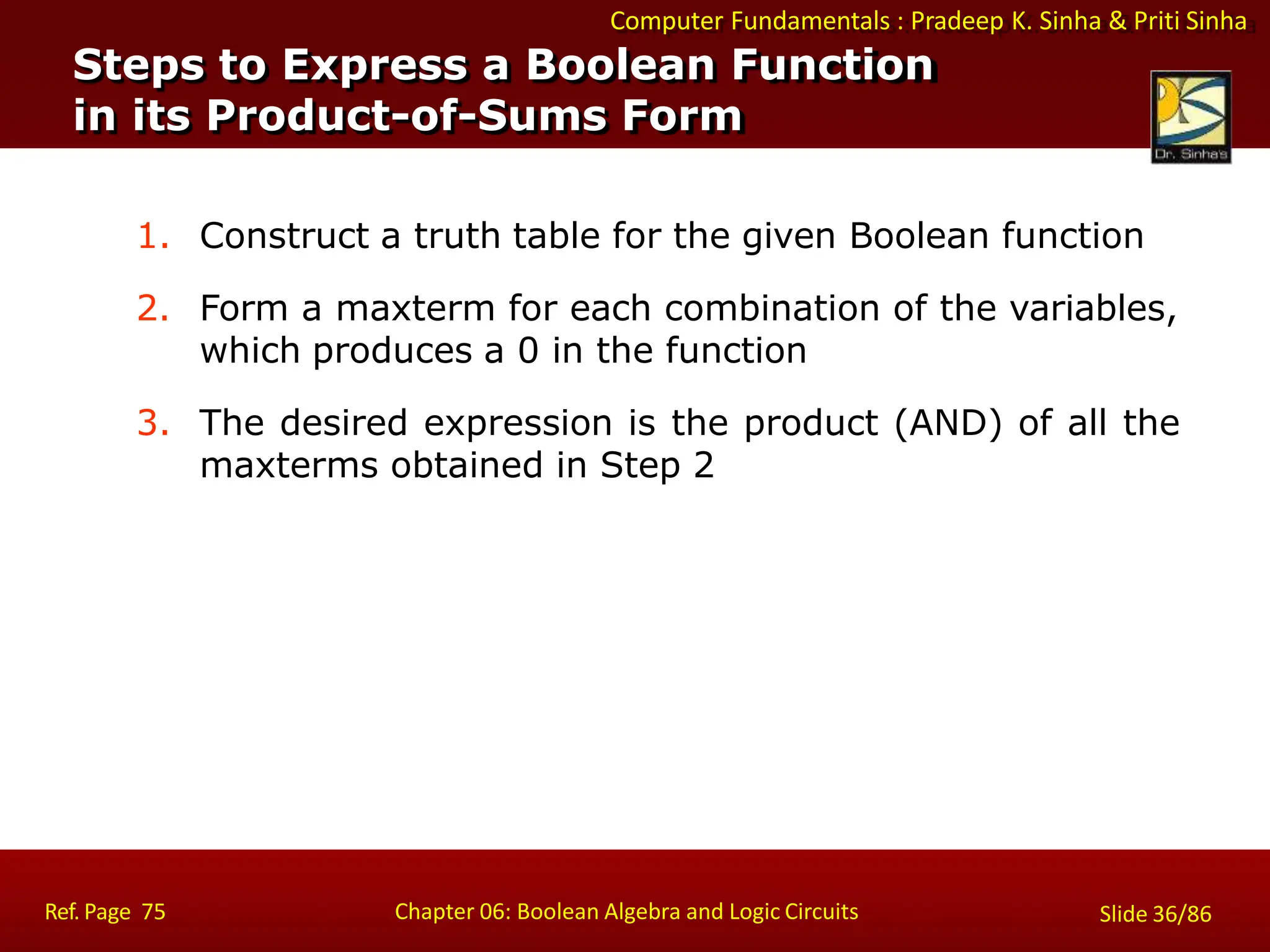Computer Fundamentals : Pradeep K. Sinha & Priti Sinha
1. Construct a truth table for the given Boolean function
2. Form a maxterm for each combination of the variables,
which produces a 0 in the function
3. The desired expression is the product (AND) of all the
maxterms obtained in Step 2
Steps to Express a Boolean Function
in its Product-of-Sums Form
Ref. Page 75 Chapter 06: Boolean Algebra and Logic Circuits Slide 36/86
 