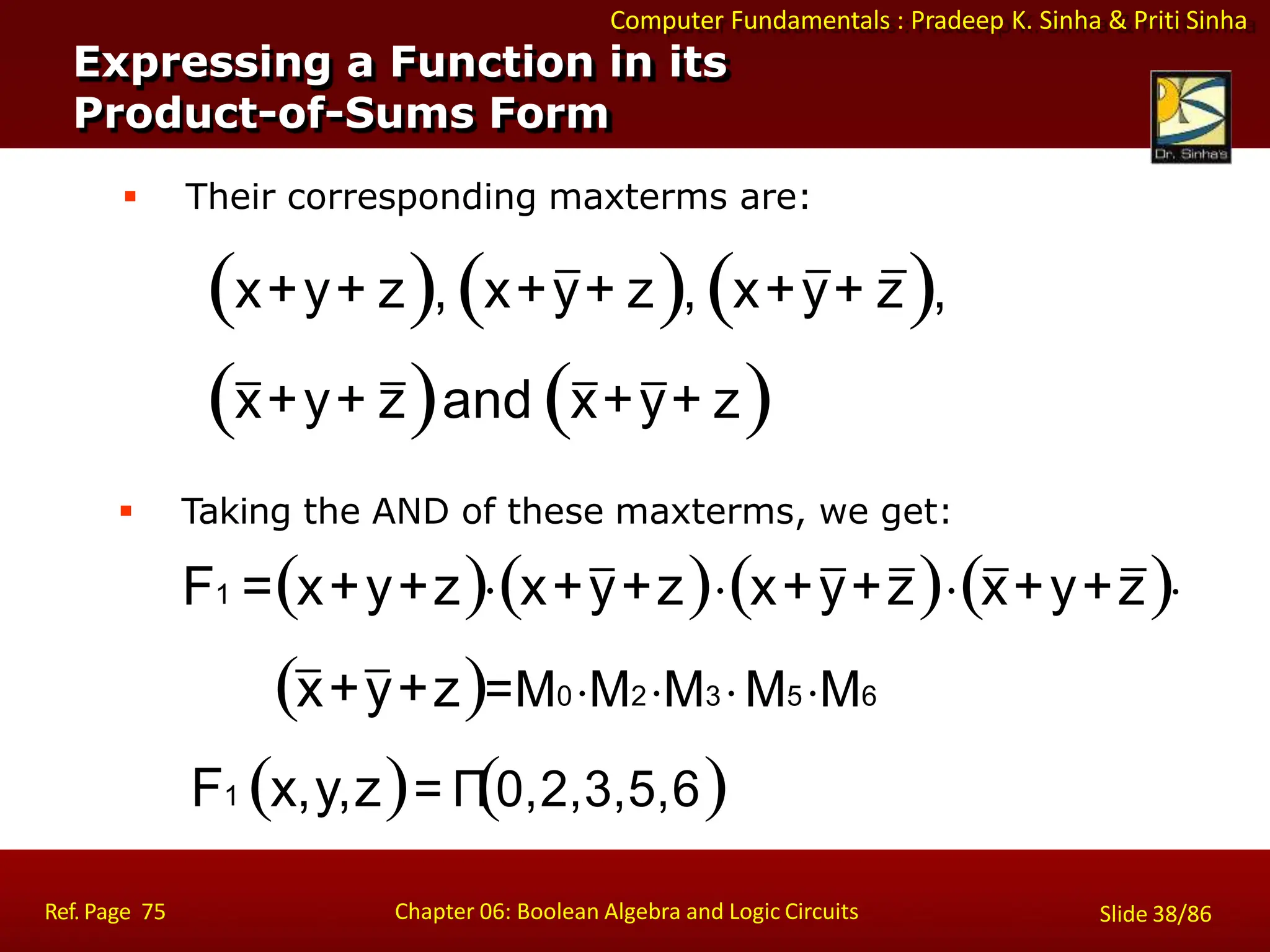 Computer Fundamentals : Pradeep K. Sinha & Priti Sinha
Expressing a Function in its
Product-of-Sums Form
 Their corresponding maxterms are:
x+y+ z, x+y+ z, x+y+ z,
x+y+ zand x+y+ z
 Taking the AND of these maxterms, we get:
F1 =x+y+zx+y+zx+y+zx+y+z
x+y+z=M0M2M3M5M6
F1 x,y,z= Π
0,2,3,5,6
Ref. Page 75 Chapter 06: Boolean Algebra and Logic Circuits Slide 38/86
 