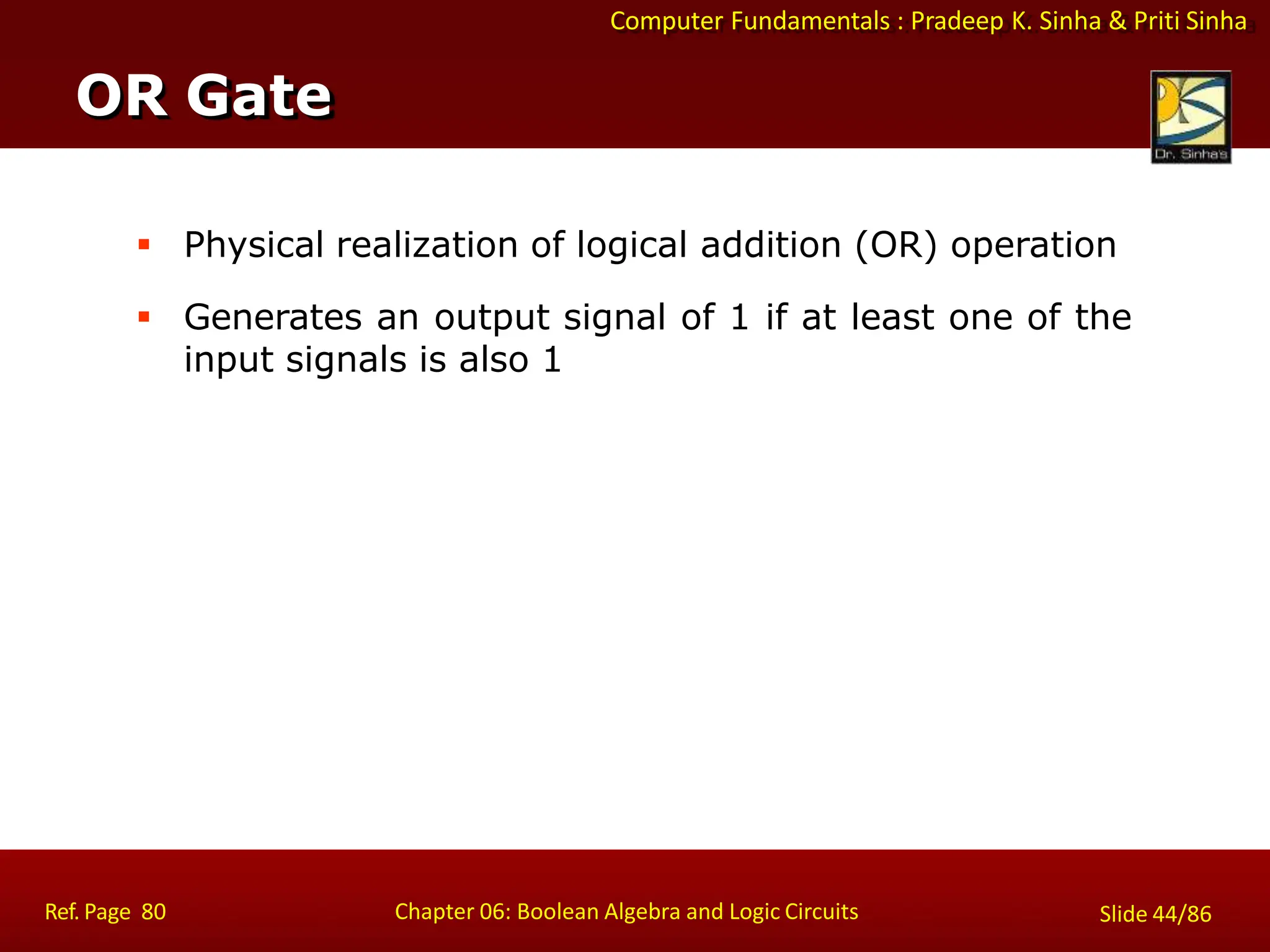 Computer Fundamentals : Pradeep K. Sinha & Priti Sinha
 Physical realization of logical addition (OR) operation
 Generates an output signal of 1 if at least one of the
input signals is also 1
OR Gate
Ref. Page 80 Chapter 06: Boolean Algebra and Logic Circuits Slide 44/86
 