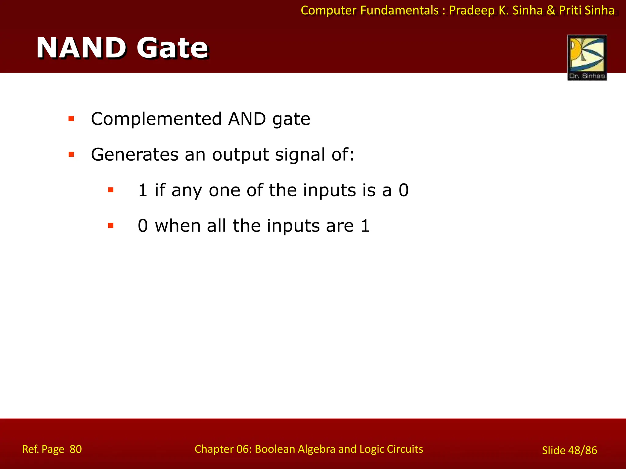 Computer Fundamentals : Pradeep K. Sinha & Priti Sinha
 Complemented AND gate
 Generates an output signal of:
 1 if any one of the inputs is a 0
 0 when all the inputs are 1
NAND Gate
Ref. Page 80 Chapter 06: Boolean Algebra and Logic Circuits Slide 48/86
 