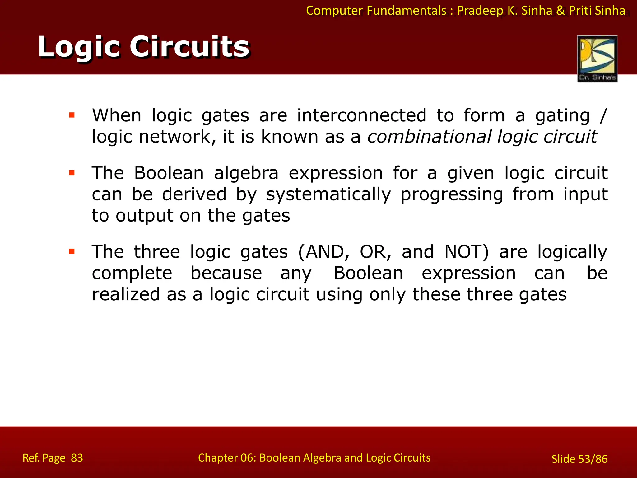 Computer Fundamentals : Pradeep K. Sinha & Priti Sinha
 When logic gates are interconnected to form a gating /
logic network, it is known as a combinational logic circuit
 The Boolean algebra expression for a given logic circuit
can be derived by systematically progressing from input
to output on the gates
 The three logic gates (AND, OR, and NOT) are logically
complete because any Boolean expression can be
realized as a logic circuit using only these three gates
Logic Circuits
Ref. Page 83 Chapter 06: Boolean Algebra and Logic Circuits Slide 53/86
 