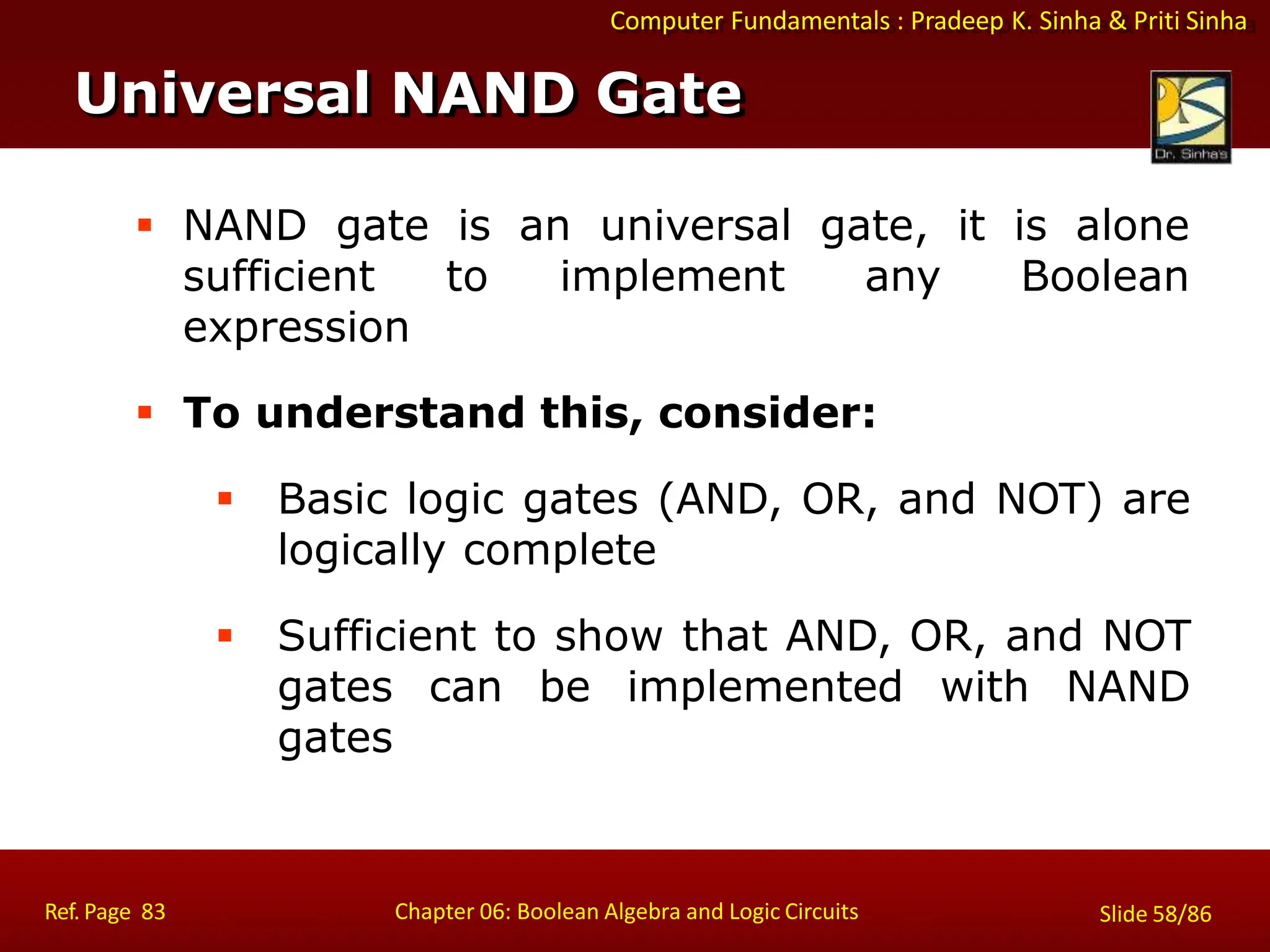 Computer Fundamentals : Pradeep K. Sinha & Priti Sinha
 NAND gate is an universal gate, it is alone
sufficient to implement any Boolean
expression
 To understand this, consider:
 Basic logic gates (AND, OR, and NOT) are
logically complete
 Sufficient to show that AND, OR, and NOT
gates can be implemented with NAND
gates
Universal NAND Gate
Ref. Page 83 Chapter 06: Boolean Algebra and Logic Circuits Slide 58/86
 