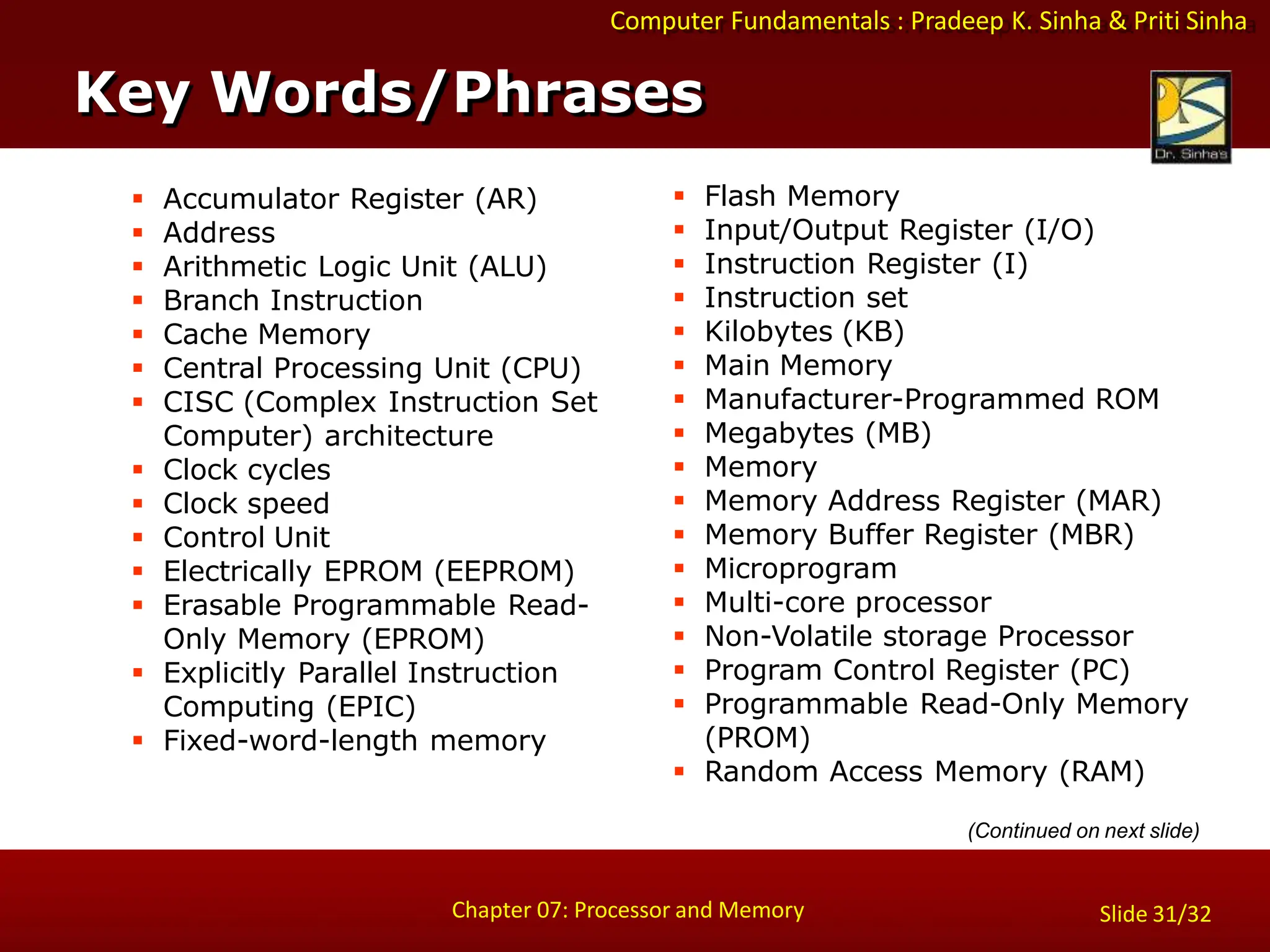 Computer Fundamentals : Pradeep K. Sinha & Priti Sinha
 Accumulator Register (AR)
 Address
 Arithmetic Logic Unit (ALU)
 Branch Instruction
 Cache Memory
 Central Processing Unit (CPU)
 CISC (Complex Instruction Set
Computer) architecture
 Clock cycles
 Clock speed
 Control Unit
 Electrically EPROM (EEPROM)
 Erasable Programmable Read-
Only Memory (EPROM)
 Explicitly Parallel Instruction
Computing (EPIC)
 Fixed-word-length memory
 Flash Memory
 Input/Output Register (I/O)
 Instruction Register (I)
 Instruction set
 Kilobytes (KB)
 Main Memory
 Manufacturer-Programmed ROM
 Megabytes (MB)
 Memory
 Memory Address Register (MAR)
 Memory Buffer Register (MBR)
 Microprogram
 Multi-core processor
 Non-Volatile storage Processor
 Program Control Register (PC)
 Programmable Read-Only Memory
(PROM)
 Random Access Memory (RAM)
(Continued on next slide)
Key Words/Phrases
Chapter 07: Processor and Memory Slide 31/32
 