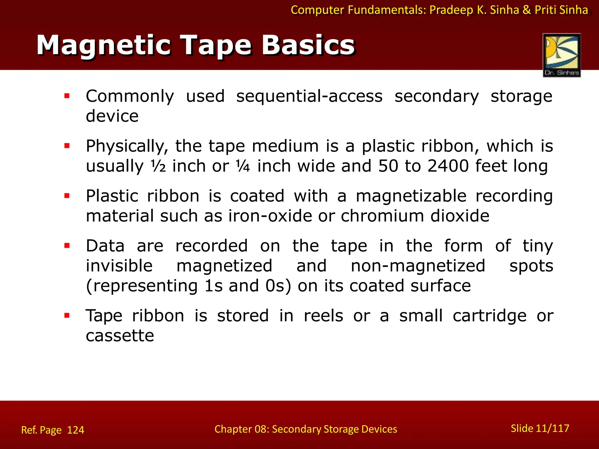 Computer Fundamentals: Pradeep K. Sinha & Priti Sinha
 Commonly used sequential-access secondary storage
device
 Physically, the tape medium is a plastic ribbon, which is
usually ½ inch or ¼ inch wide and 50 to 2400 feet long
 Plastic ribbon is coated with a magnetizable recording
material such as iron-oxide or chromium dioxide
 Data are recorded on the tape in the form of tiny
invisible magnetized and non-magnetized spots
(representing 1s and 0s) on its coated surface
 Tape ribbon is stored in reels or a small cartridge or
cassette
Magnetic Tape Basics
Slide 11/117
Chapter 08: Secondary Storage Devices
Ref. Page 124
 