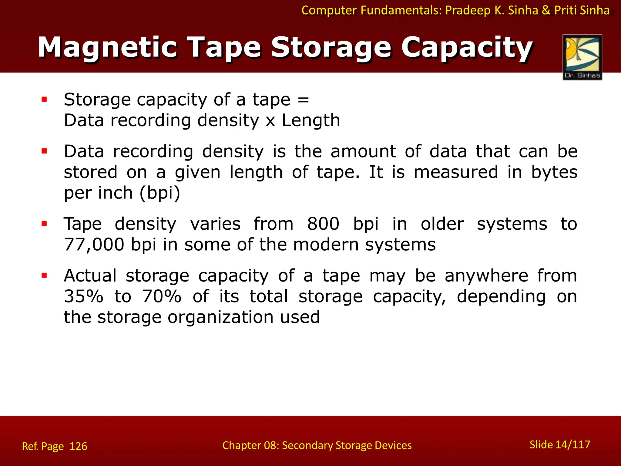 Computer Fundamentals: Pradeep K. Sinha & Priti Sinha
 Storage capacity of a tape =
Data recording density x Length
 Data recording density is the amount of data that can be
stored on a given length of tape. It is measured in bytes
per inch (bpi)
 Tape density varies from 800 bpi in older systems to
77,000 bpi in some of the modern systems
 Actual storage capacity of a tape may be anywhere from
35% to 70% of its total storage capacity, depending on
the storage organization used
Magnetic Tape Storage Capacity
Slide 14/117
Chapter 08: Secondary Storage Devices
Ref. Page 126
 