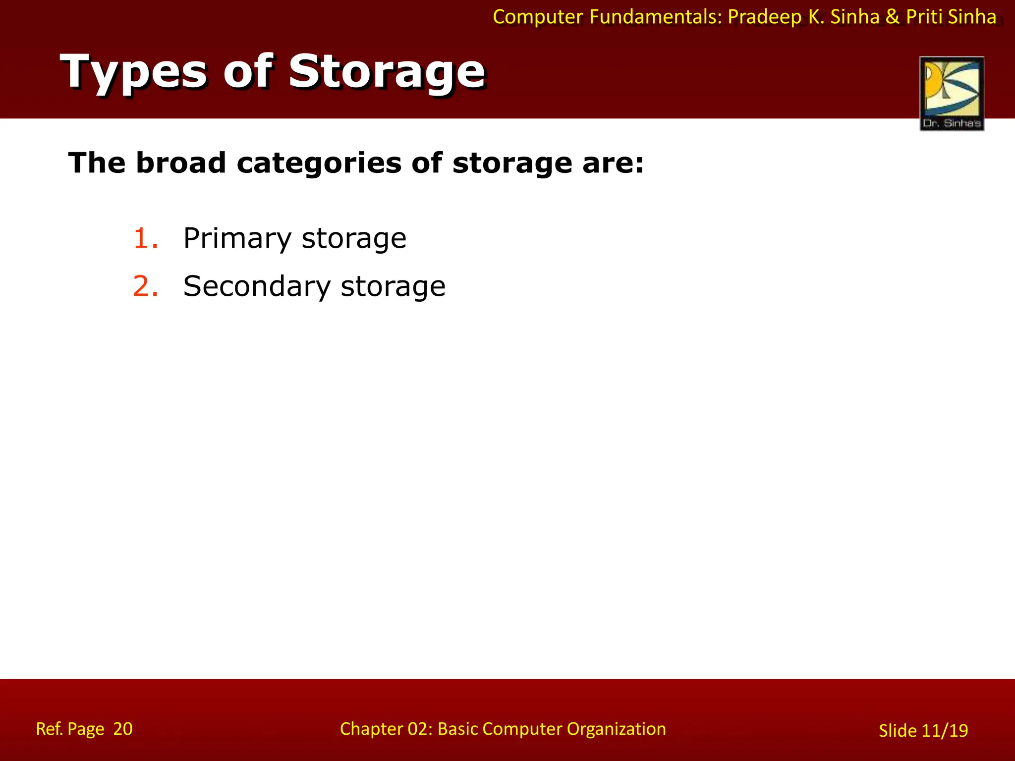 Computer Fundamentals: Pradeep K. Sinha & Priti Sinha
The broad categories of storage are:
1. Primary storage
2. Secondary storage
Types of Storage
Ref. Page 20 Chapter 02: Basic Computer Organization Slide 11/19
 