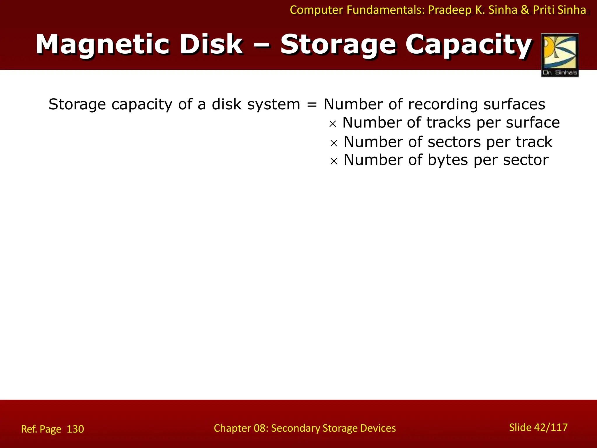 Computer Fundamentals: Pradeep K. Sinha & Priti Sinha
Storage capacity of a disk system = Number of recording surfaces
 Number of tracks per surface
 Number of sectors per track
 Number of bytes per sector
Slide 42/117
Chapter 08: Secondary Storage Devices
Ref. Page 130
Magnetic Disk – Storage Capacity
 