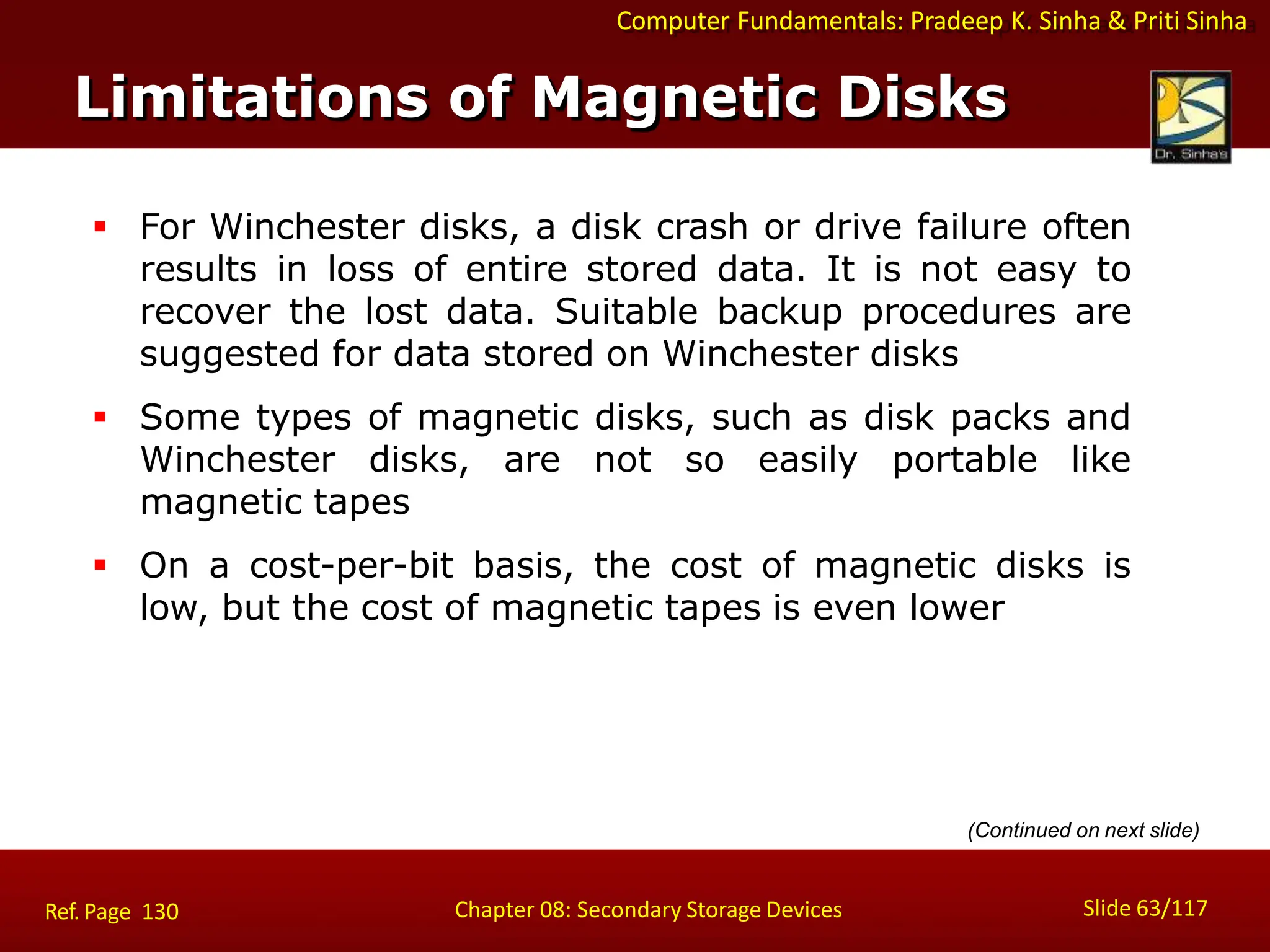 Computer Fundamentals: Pradeep K. Sinha & Priti Sinha
 For Winchester disks, a disk crash or drive failure often
results in loss of entire stored data. It is not easy to
recover the lost data. Suitable backup procedures are
suggested for data stored on Winchester disks
 Some types of magnetic disks, such as disk packs and
Winchester disks, are not so easily portable like
magnetic tapes
 On a cost-per-bit basis, the cost of magnetic disks is
low, but the cost of magnetic tapes is even lower
(Continued on next slide)
Limitations of Magnetic Disks
Slide 63/117
Chapter 08: Secondary Storage Devices
Ref. Page 130
 