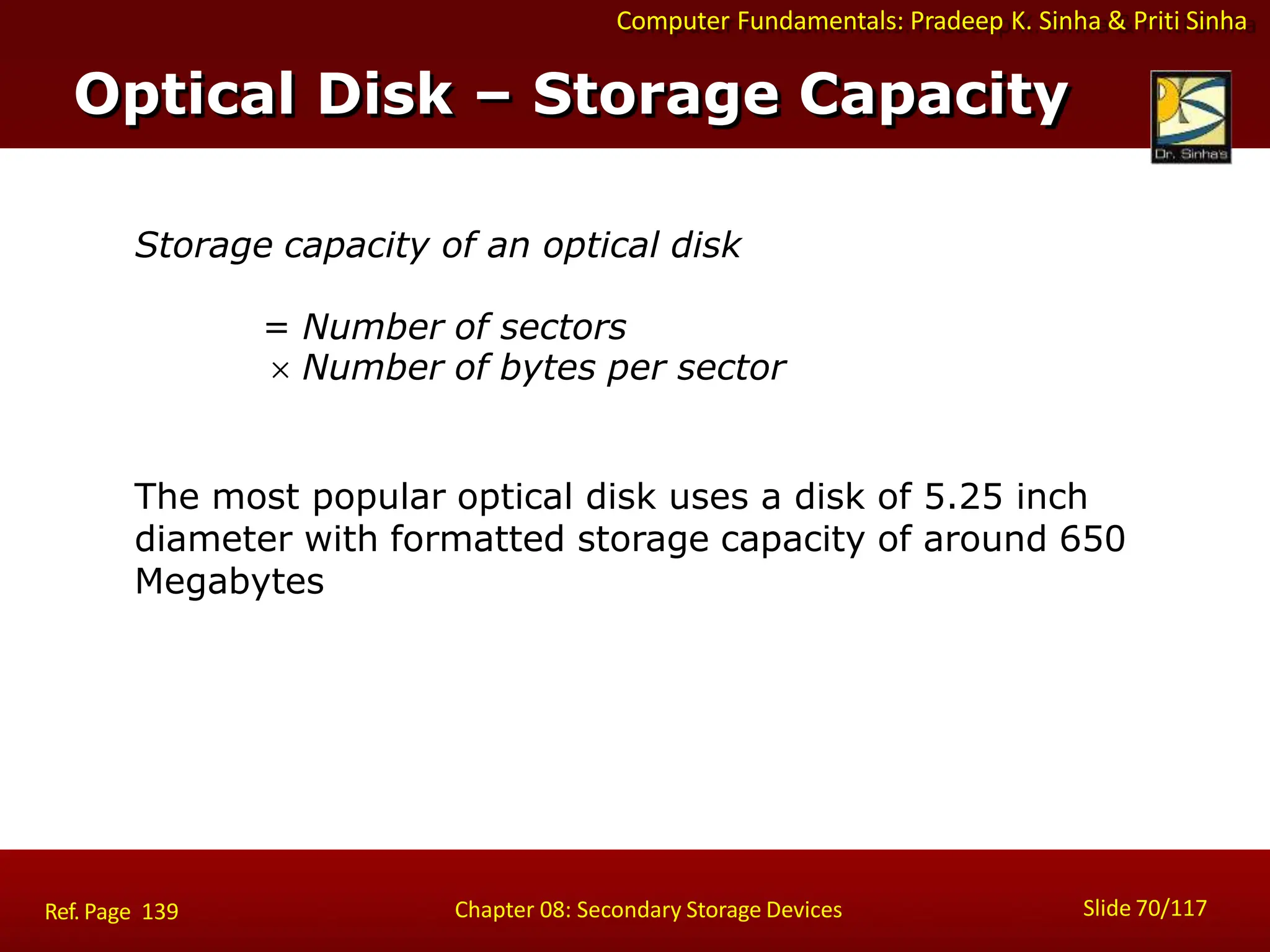 Computer Fundamentals: Pradeep K. Sinha & Priti Sinha
Storage capacity of an optical disk
= Number of sectors
 Number of bytes per sector
The most popular optical disk uses a disk of 5.25 inch
diameter with formatted storage capacity of around 650
Megabytes
Optical Disk – Storage Capacity
Slide 70/117
Chapter 08: Secondary Storage Devices
Ref. Page 139
 