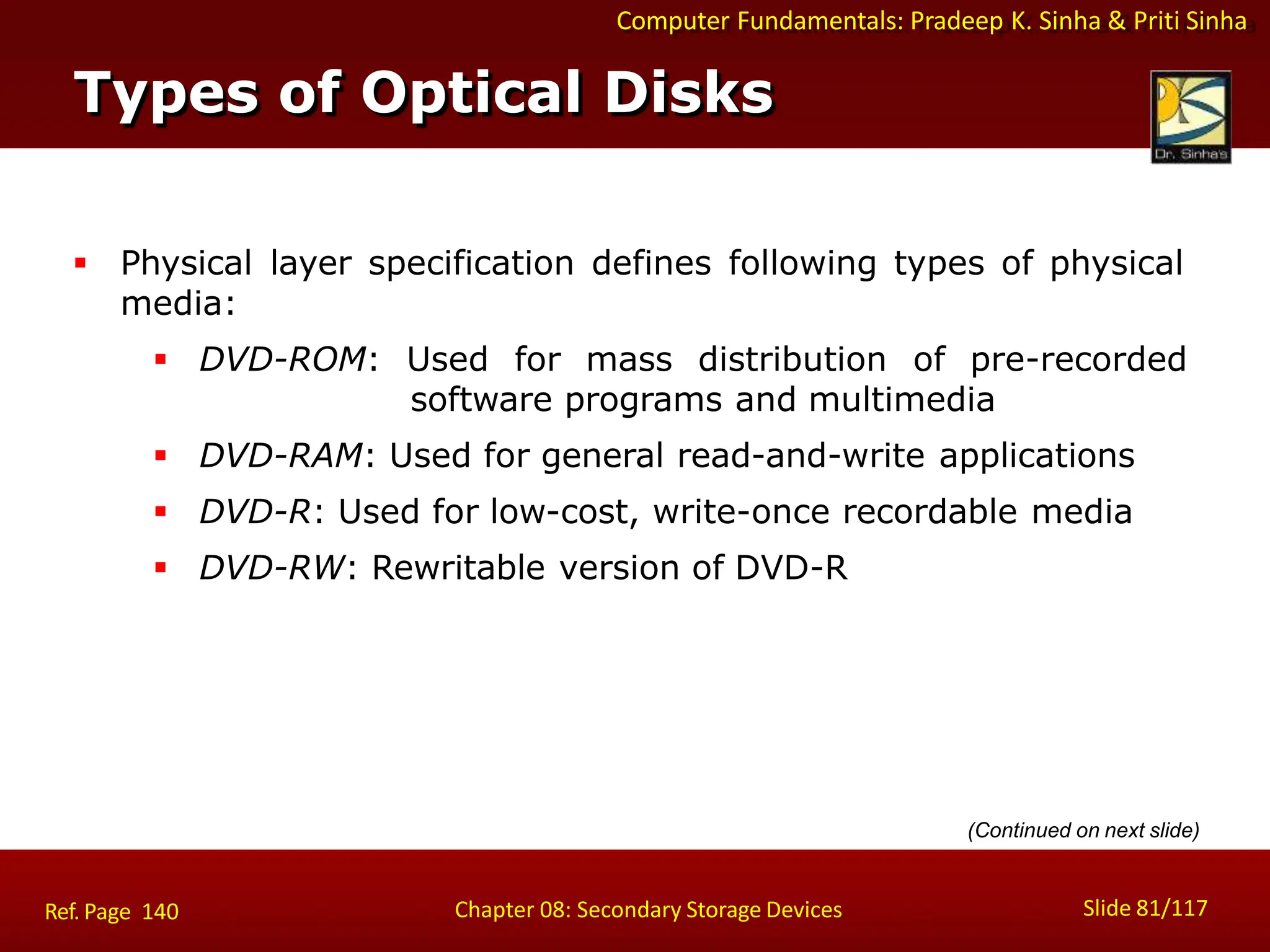 Computer Fundamentals: Pradeep K. Sinha & Priti Sinha
 Physical layer specification defines following types of physical
media:
 DVD-ROM: Used for mass distribution of pre-recorded
software programs and multimedia
 DVD-RAM: Used for general read-and-write applications
 DVD-R: Used for low-cost, write-once recordable media
 DVD-RW: Rewritable version of DVD-R
Types of Optical Disks
Slide 81/117
Chapter 08: Secondary Storage Devices
Ref. Page 140
(Continued on next slide)
 