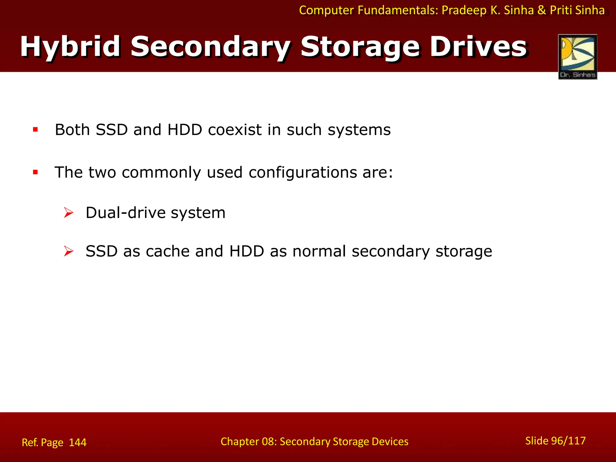 Computer Fundamentals: Pradeep K. Sinha & Priti Sinha
 Both SSD and HDD coexist in such systems
 The two commonly used configurations are:
 Dual-drive system
 SSD as cache and HDD as normal secondary storage
Hybrid Secondary Storage Drives
Slide 96/117
Chapter 08: Secondary Storage Devices
Ref. Page 144
 