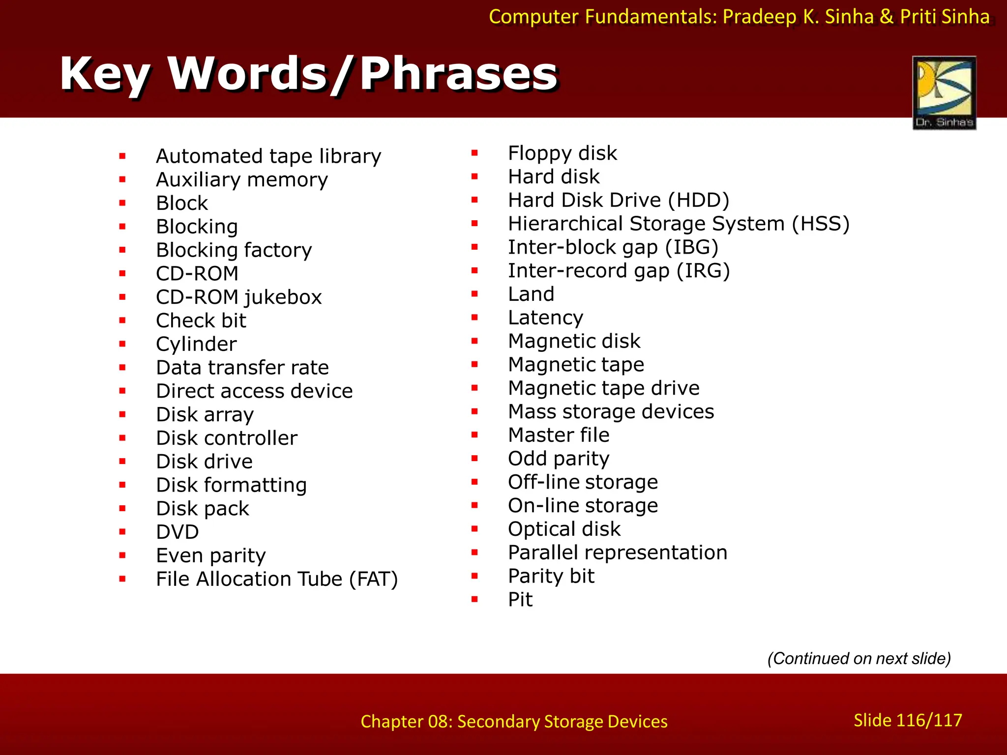 Computer Fundamentals: Pradeep K. Sinha & Priti Sinha
 Automated tape library
 Auxiliary memory
 Block
 Blocking
 Blocking factory
 CD-ROM
 CD-ROM jukebox
 Check bit
 Cylinder
 Data transfer rate
 Direct access device
 Disk array
 Disk controller
 Disk drive
 Disk formatting
 Disk pack
 DVD
 Even parity
 File Allocation Tube (FAT)
 Floppy disk
 Hard disk
 Hard Disk Drive (HDD)
 Hierarchical Storage System (HSS)
 Inter-block gap (IBG)
 Inter-record gap (IRG)
 Land
 Latency
 Magnetic disk
 Magnetic tape
 Magnetic tape drive
 Mass storage devices
 Master file
 Odd parity
 Off-line storage
 On-line storage
 Optical disk
 Parallel representation
 Parity bit
 Pit
Key Words/Phrases
Slide 116/117
Chapter 08: Secondary Storage Devices
(Continued on next slide)
 