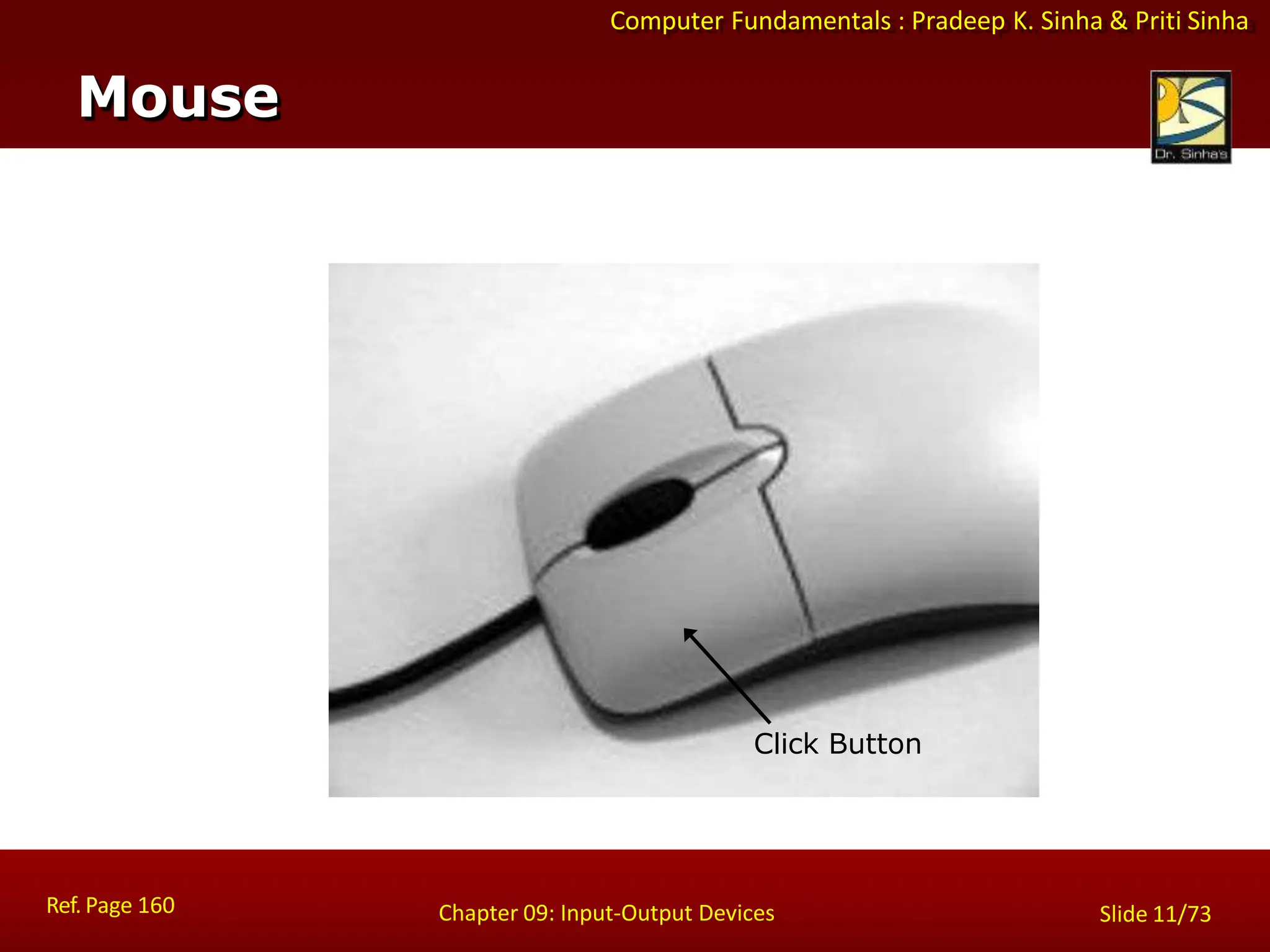 Computer Fundamentals : Pradeep K. Sinha & Priti Sinha
Click Button
Mouse
Ref. Page 160 Chapter 09: Input-Output Devices Slide 11/73
 