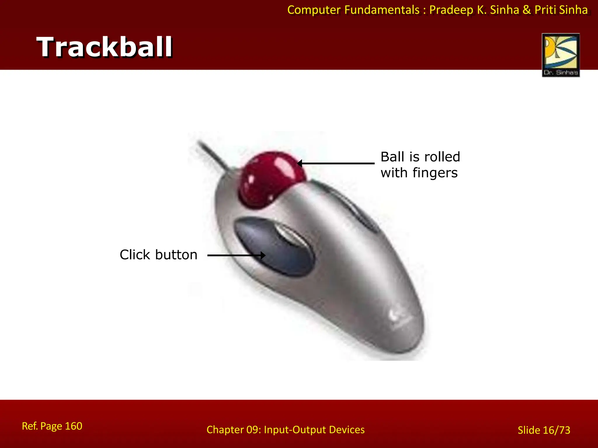 Computer Fundamentals : Pradeep K. Sinha & Priti Sinha
Click button
Ball is rolled
with fingers
Trackball
Ref. Page 160 Chapter 09: Input-Output Devices Slide 16/73
 