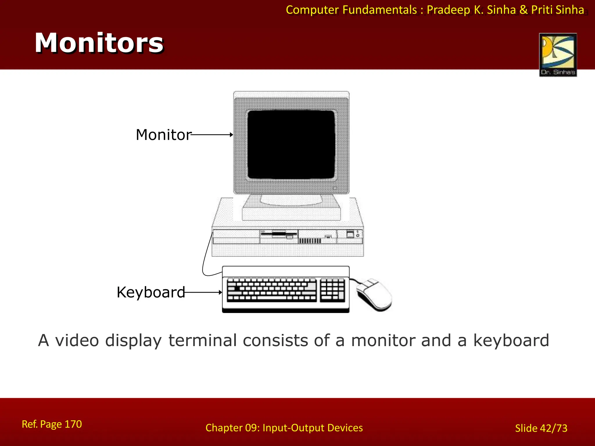 Computer Fundamentals : Pradeep K. Sinha & Priti Sinha
Monitor
Keyboard
A video display terminal consists of a monitor and a keyboard
Monitors
Ref. Page 170 Chapter 09: Input-Output Devices Slide 42/73
 