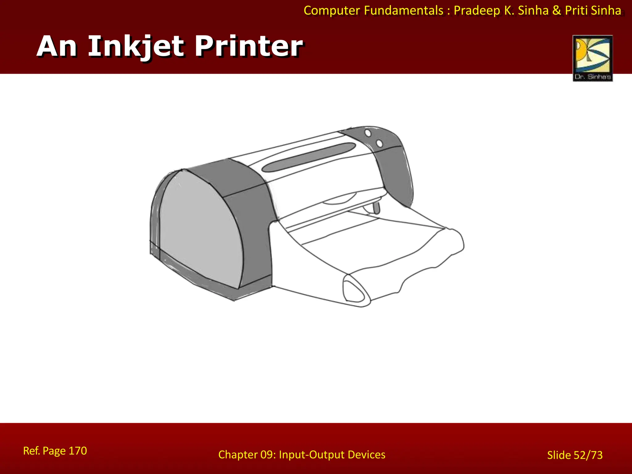 Computer Fundamentals : Pradeep K. Sinha & Priti Sinha
An Inkjet Printer
Ref. Page 170 Chapter 09: Input-Output Devices Slide 52/73
 