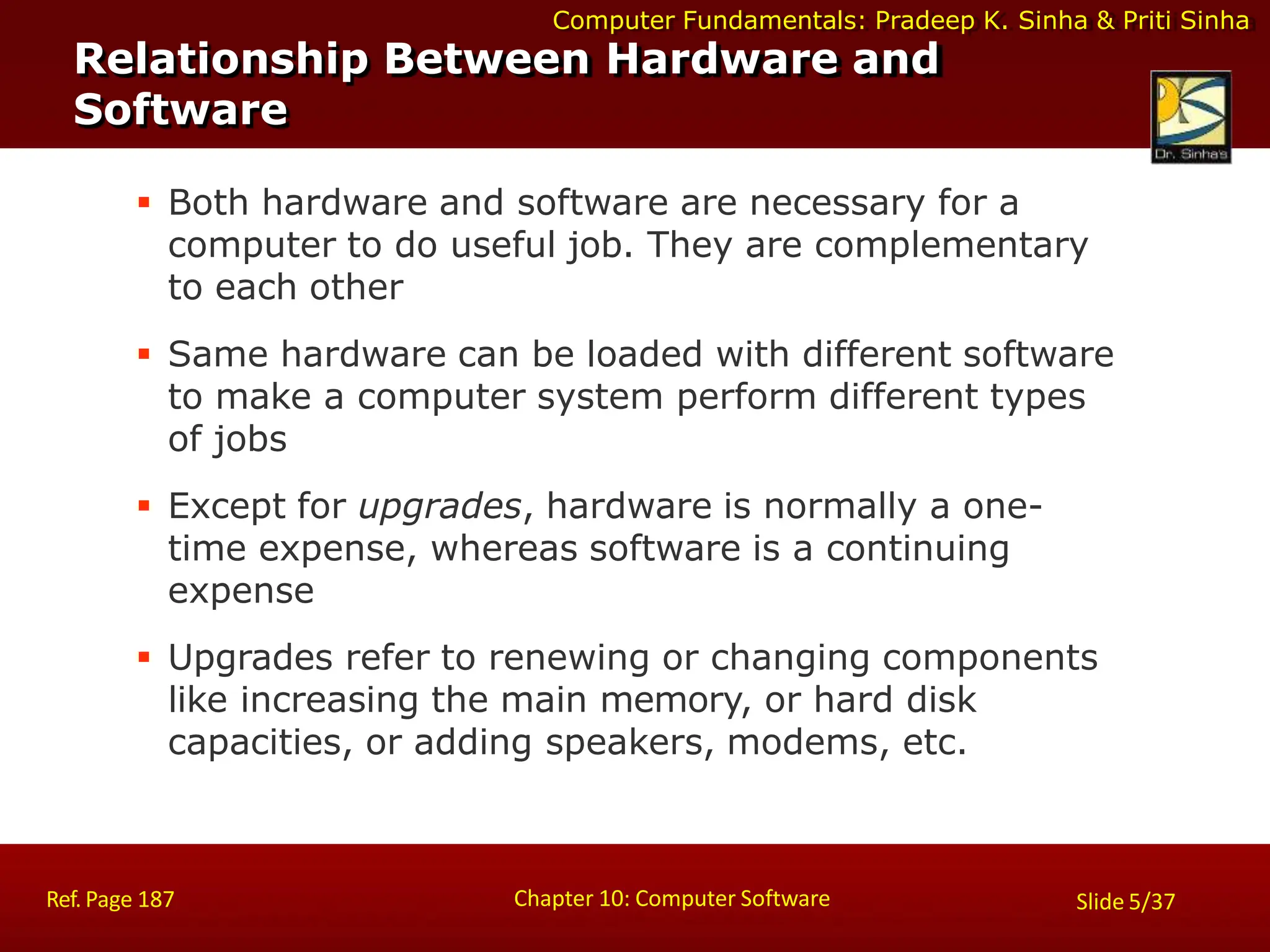 Computer Fundamentals: Pradeep K. Sinha & Priti Sinha
Relationship Between Hardware and
Software
Chapter 10: Computer Software
Ref. Page 187 Slide 5/37
 Both hardware and software are necessary for a
computer to do useful job. They are complementary
to each other
 Same hardware can be loaded with different software
to make a computer system perform different types
of jobs
 Except for upgrades, hardware is normally a one-
time expense, whereas software is a continuing
expense
 Upgrades refer to renewing or changing components
like increasing the main memory, or hard disk
capacities, or adding speakers, modems, etc.
 