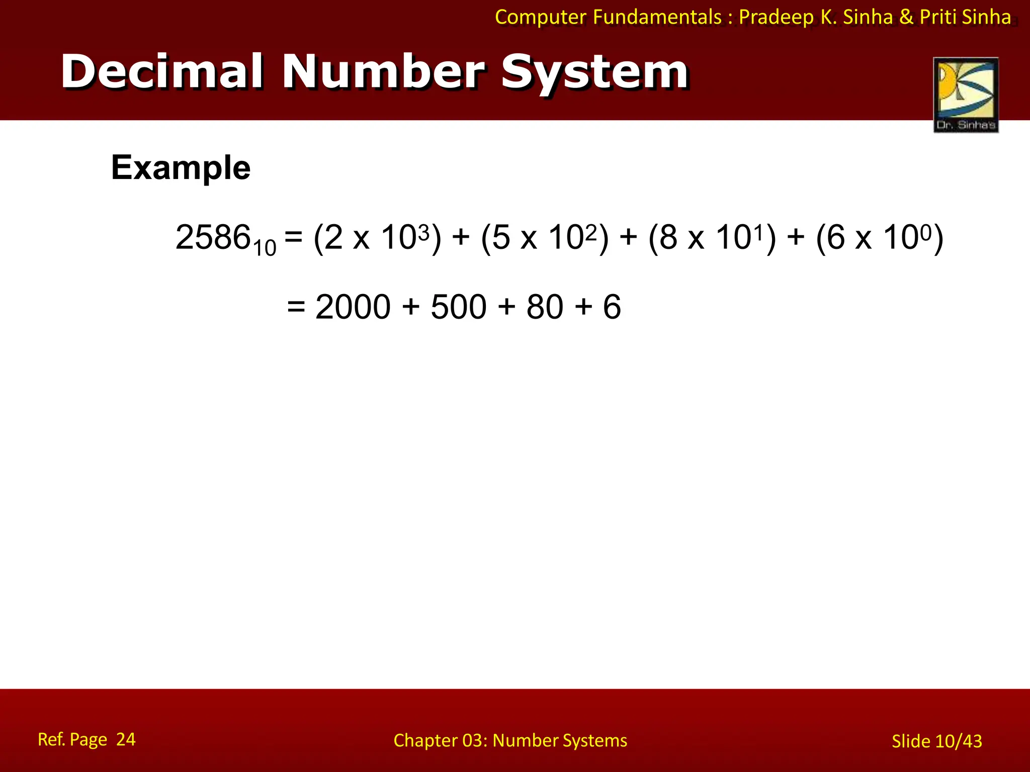 Computer Fundamentals : Pradeep K. Sinha & Priti Sinha
Example
258610 = (2 x 103) + (5 x 102) + (8 x 101) + (6 x 100)
= 2000 + 500 + 80 + 6
Decimal Number System
Ref. Page 24 Chapter 03: Number Systems Slide 10/43
 