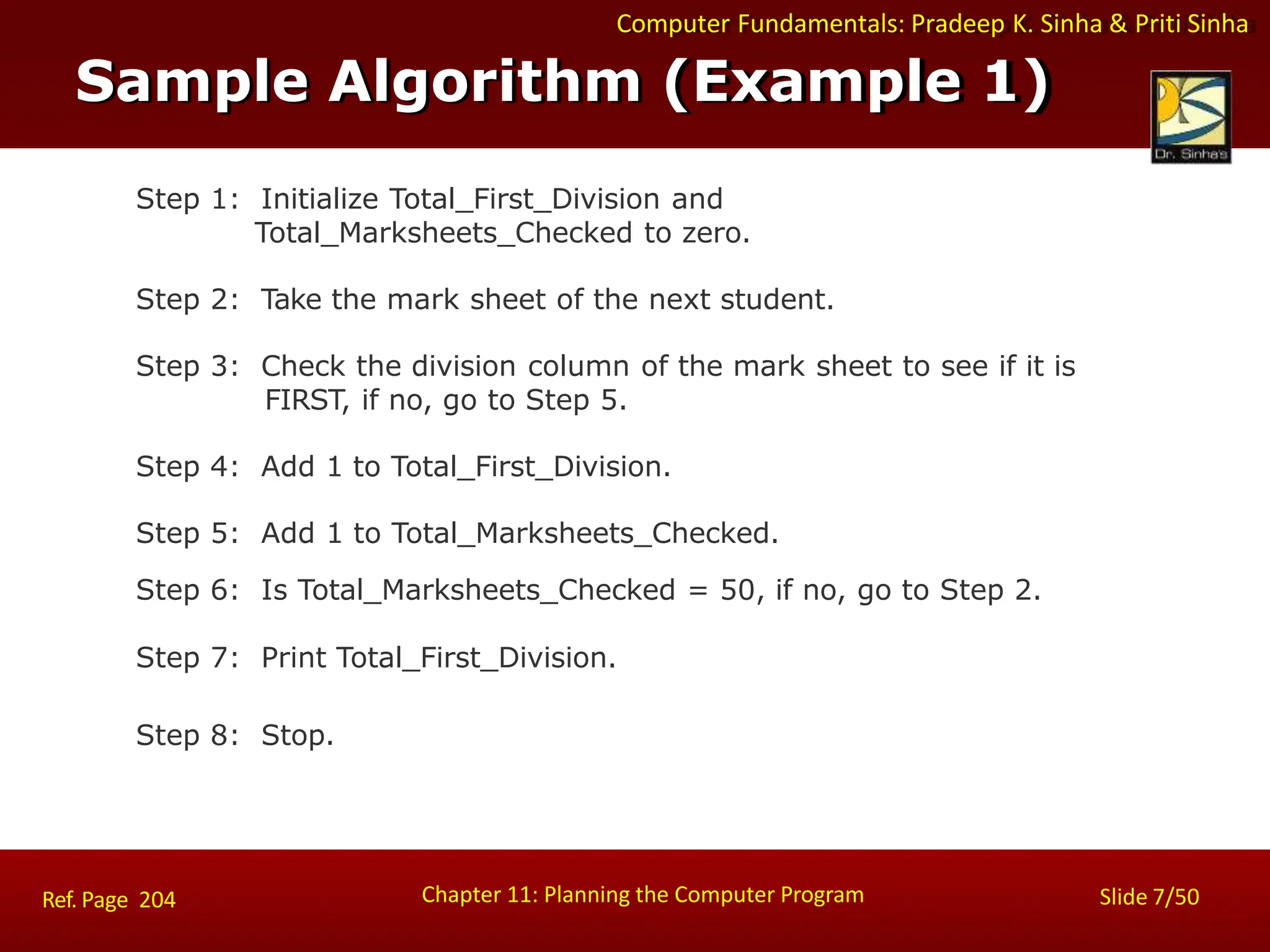 Computer Fundamentals: Pradeep K. Sinha & Priti Sinha
Sample Algorithm (Example 1)
Chapter 11: Planning the Computer Program Slide 7/50
Ref. Page 204
Step 1: Initialize Total_First_Division and
Total_Marksheets_Checked to zero.
Step 2: Take the mark sheet of the next student.
Step 3: Check the division column of the mark sheet to see if it is
FIRST, if no, go to Step 5.
Step 4: Add 1 to Total_First_Division.
Step 5: Add 1 to Total_Marksheets_Checked.
Step 6: Is Total_Marksheets_Checked = 50, if no, go to Step 2.
Step 7: Print Total_First_Division.
Step 8: Stop.
 