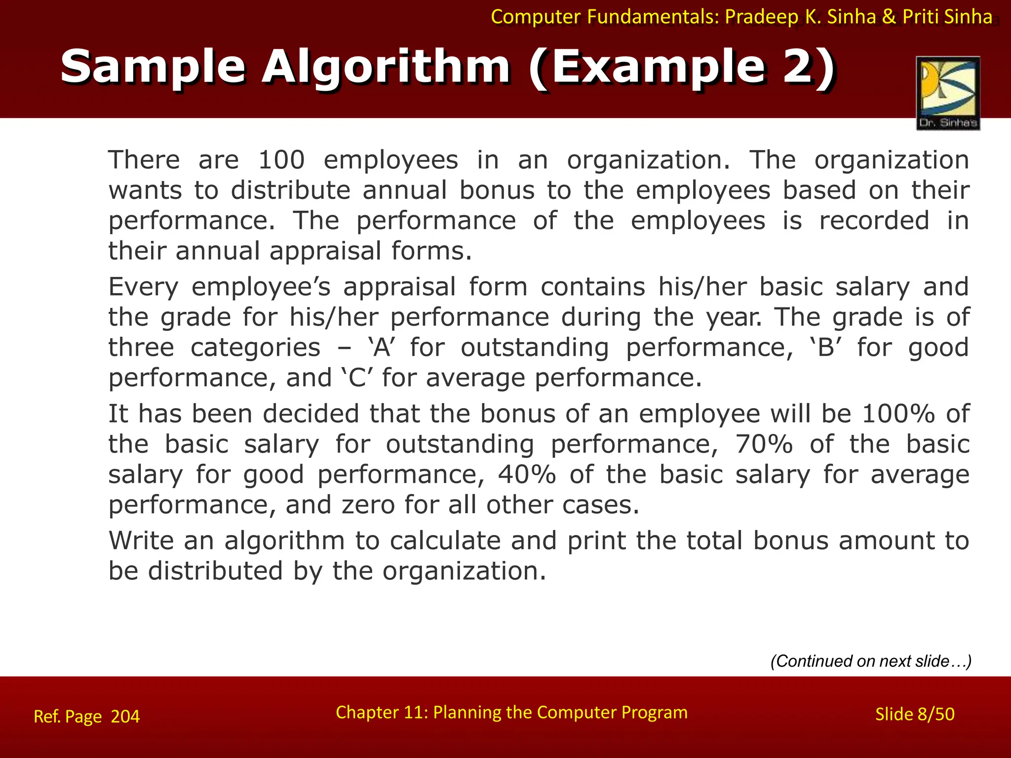 Computer Fundamentals: Pradeep K. Sinha & Priti Sinha
There are 100 employees in an organization. The organization
wants to distribute annual bonus to the employees based on their
performance. The performance of the employees is recorded in
their annual appraisal forms.
Every employee’s appraisal form contains his/her basic salary and
the grade for his/her performance during the year. The grade is of
three categories – ‘A’ for outstanding performance, ‘B’ for good
performance, and ‘C’ for average performance.
It has been decided that the bonus of an employee will be 100% of
the basic salary for outstanding performance, 70% of the basic
salary for good performance, 40% of the basic salary for average
performance, and zero for all other cases.
Write an algorithm to calculate and print the total bonus amount to
be distributed by the organization.
Sample Algorithm (Example 2)
Chapter 11: Planning the Computer Program Slide 8/50
Ref. Page 204
(Continued on next slide…)
 