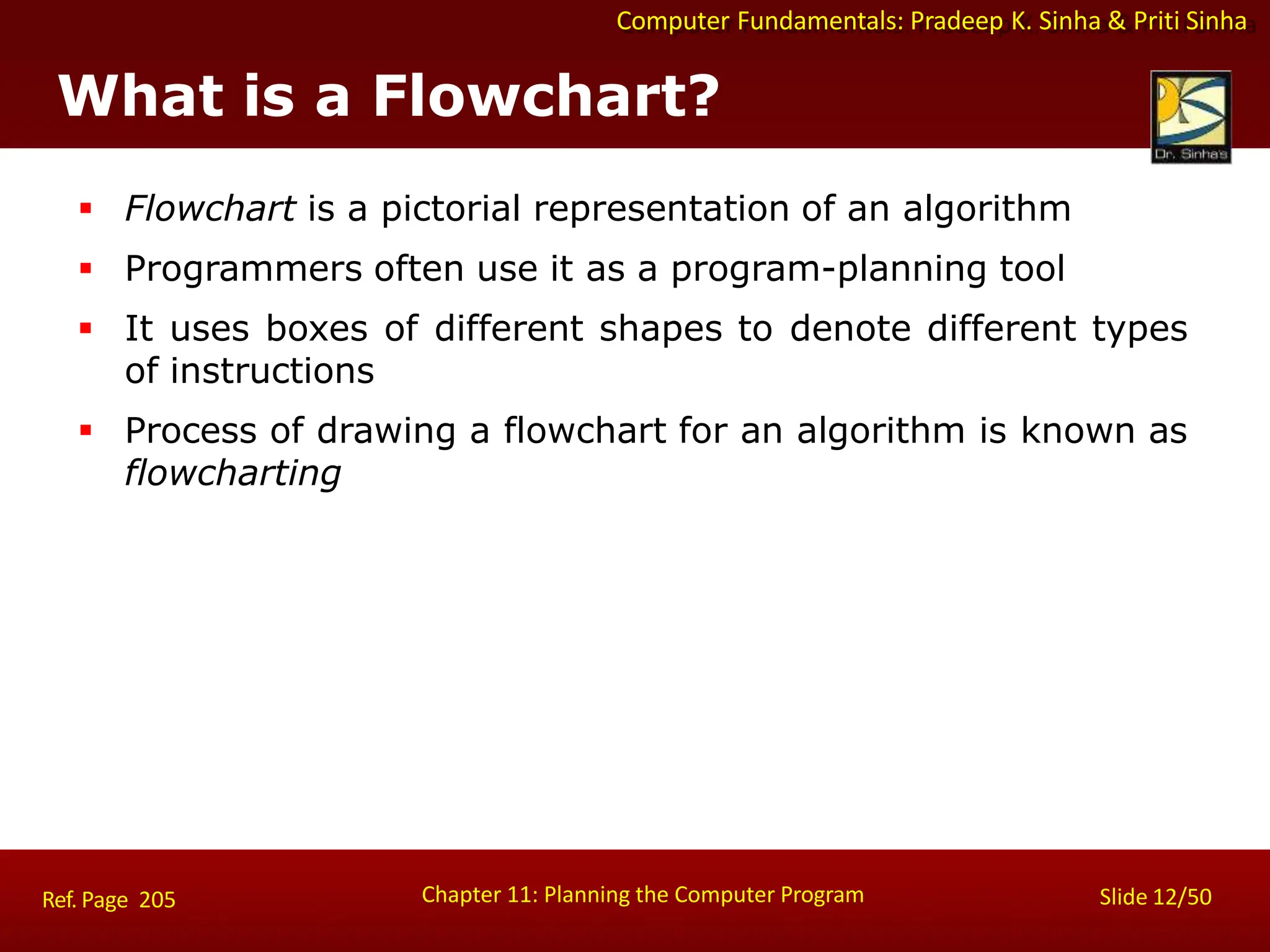 Computer Fundamentals: Pradeep K. Sinha & Priti Sinha
What is a Flowchart?
Chapter 11: Planning the Computer Program Slide 12/50
Ref. Page 205
 Flowchart is a pictorial representation of an algorithm
 Programmers often use it as a program-planning tool
 It uses boxes of different shapes to denote different types
of instructions
 Process of drawing a flowchart for an algorithm is known as
flowcharting
 
