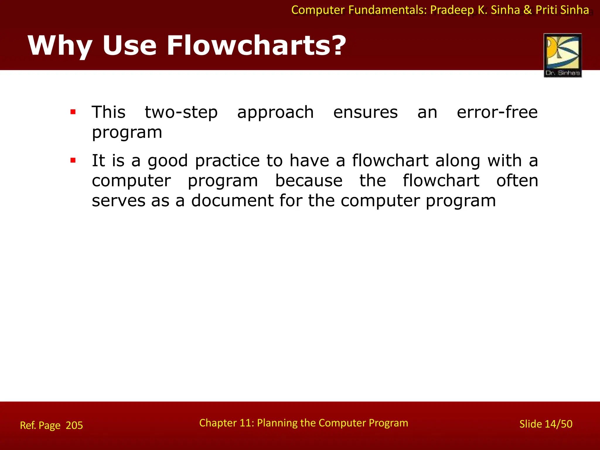 Computer Fundamentals: Pradeep K. Sinha & Priti Sinha
Why Use Flowcharts?
Chapter 11: Planning the Computer Program Slide 14/50
Ref. Page 205
 This two-step approach ensures an error-free
program
 It is a good practice to have a flowchart along with a
computer program because the flowchart often
serves as a document for the computer program
 