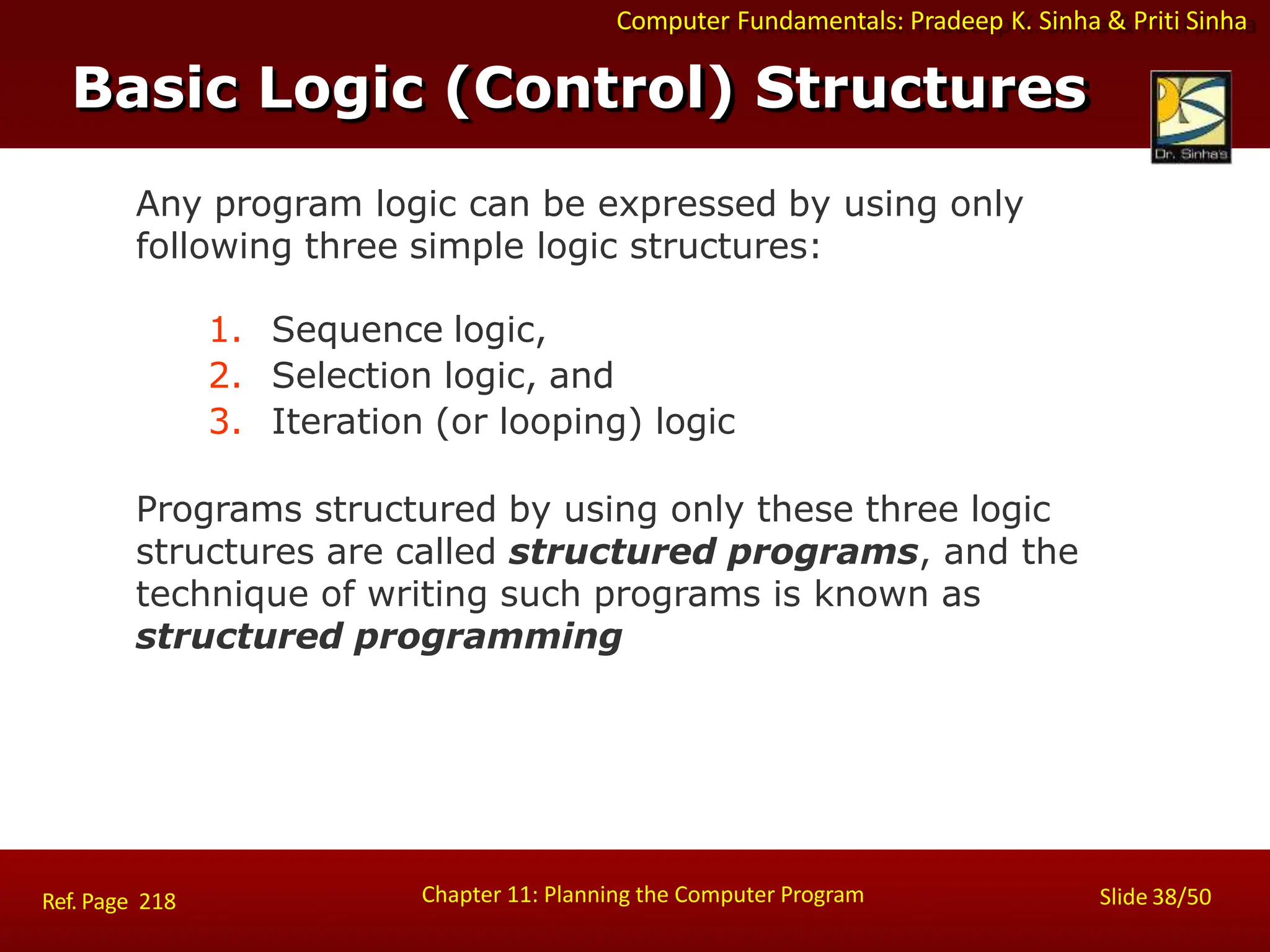 Computer Fundamentals: Pradeep K. Sinha & Priti Sinha
Basic Logic (Control) Structures
Chapter 11: Planning the Computer Program Slide 38/50
Ref. Page 218
Any program logic can be expressed by using only
following three simple logic structures:
1. Sequence logic,
2. Selection logic, and
3. Iteration (or looping) logic
Programs structured by using only these three logic
structures are called structured programs, and the
technique of writing such programs is known as
structured programming
 