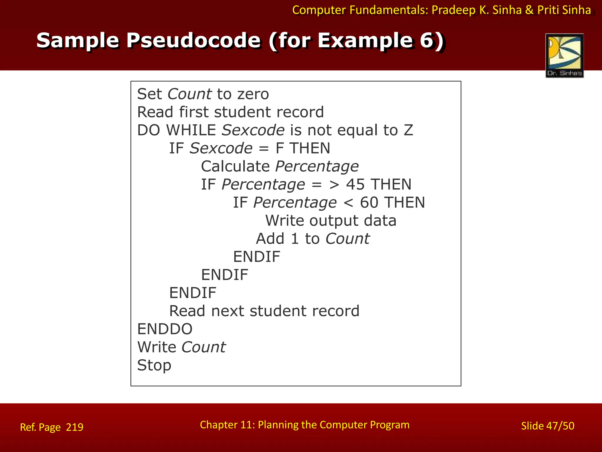 Computer Fundamentals: Pradeep K. Sinha & Priti Sinha
Sample Pseudocode (for Example 6)
Set Count to zero
Read first student record
DO WHILE Sexcode is not equal to Z
IF Sexcode = F THEN
Calculate Percentage
IF Percentage = > 45 THEN
IF Percentage < 60 THEN
Write output data
Add 1 to Count
ENDIF
ENDIF
ENDIF
Read next student record
ENDDO
Write Count
Stop
Chapter 11: Planning the Computer Program Slide 47/50
Ref. Page 219
 
