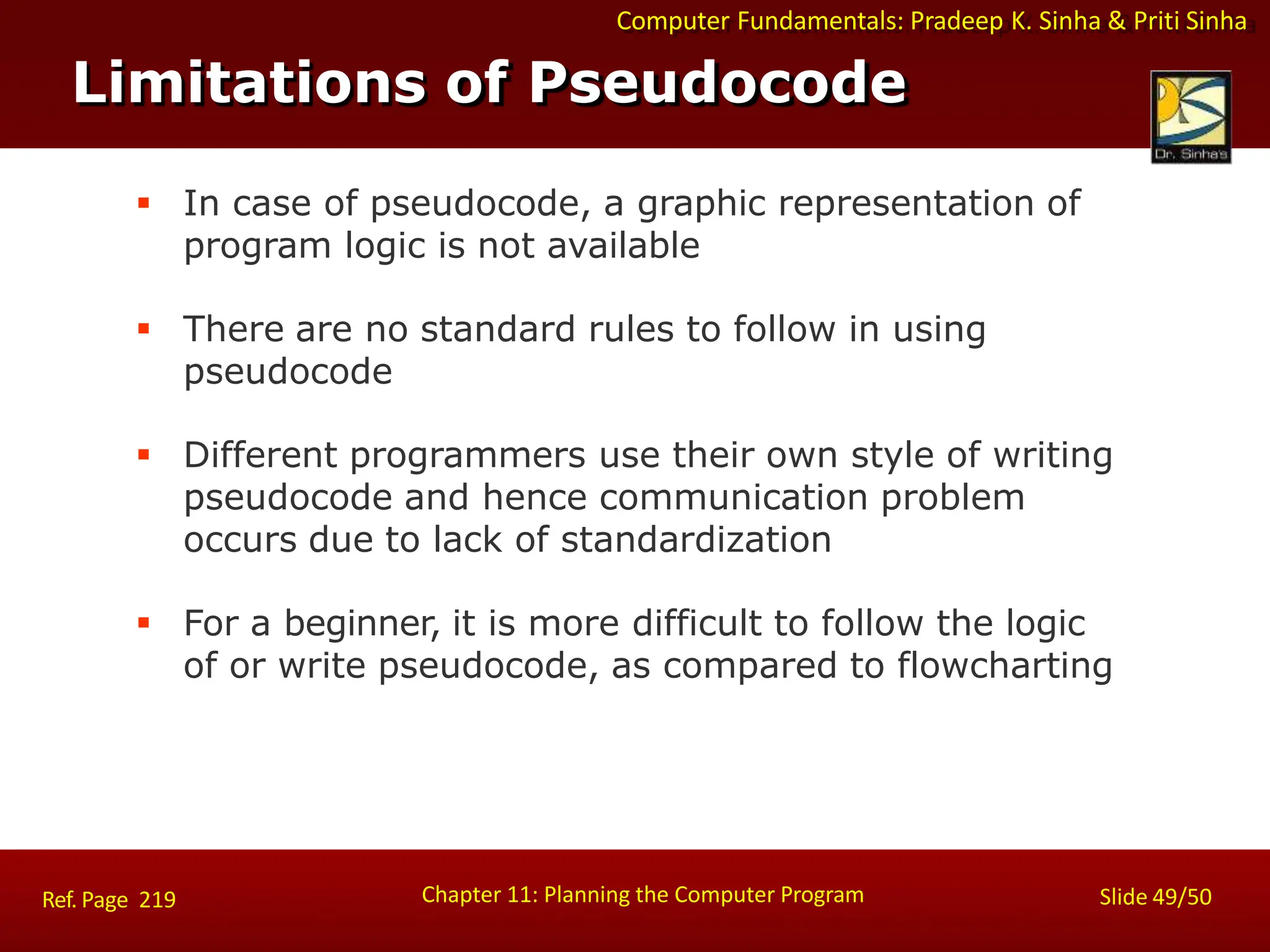 Computer Fundamentals: Pradeep K. Sinha & Priti Sinha
Limitations of Pseudocode
Chapter 11: Planning the Computer Program Slide 49/50
Ref. Page 219
 In case of pseudocode, a graphic representation of
program logic is not available
 There are no standard rules to follow in using
pseudocode
 Different programmers use their own style of writing
pseudocode and hence communication problem
occurs due to lack of standardization
 For a beginner, it is more difficult to follow the logic
of or write pseudocode, as compared to flowcharting
 