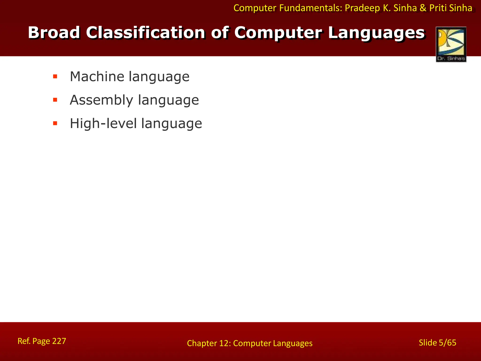 Computer Fundamentals: Pradeep K. Sinha & Priti Sinha
Broad Classification of Computer Languages
Ref. Page 227 Slide 5/65
Chapter 12: Computer Languages
 Machine language
 Assembly language
 High-level language
 