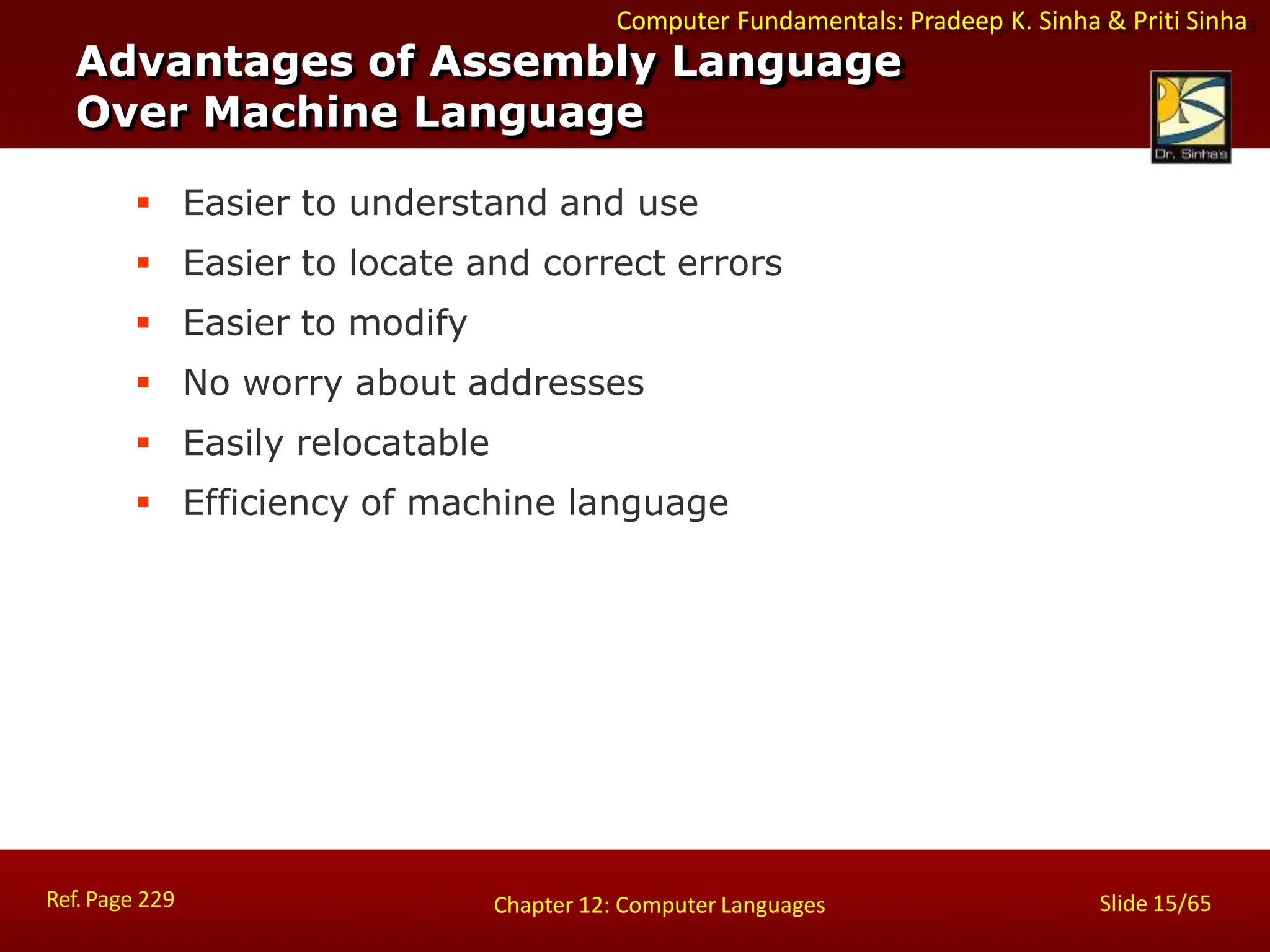 Computer Fundamentals: Pradeep K. Sinha & Priti Sinha
Advantages of Assembly Language
Over Machine Language
Ref. Page 229 Slide 15/65
Chapter 12: Computer Languages
 Easier to understand and use
 Easier to locate and correct errors
 Easier to modify
 No worry about addresses
 Easily relocatable
 Efficiency of machine language
 