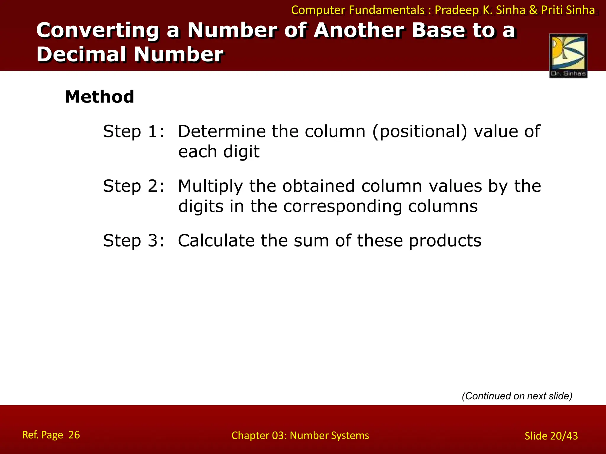 Computer Fundamentals : Pradeep K. Sinha & Priti Sinha
Method
Step 1: Determine the column (positional) value of
each digit
Step 2: Multiply the obtained column values by the
digits in the corresponding columns
Step 3: Calculate the sum of these products
Converting a Number of Another Base to a
Decimal Number
Ref. Page 26 Chapter 03: Number Systems Slide 20/43
(Continued on next slide)
 